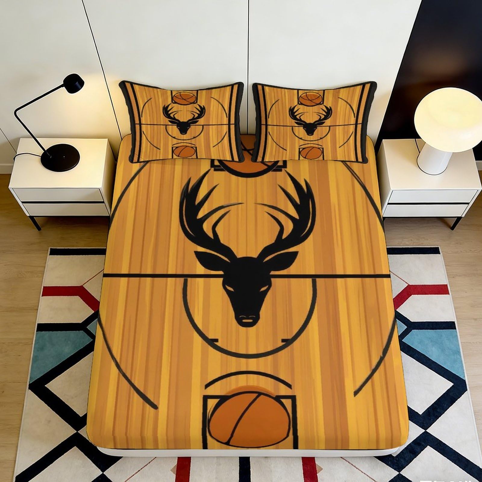 3D Printed Basketball Court Fitted Sheet Microfiber Soft Durable Deer Head Bed Cover for Bedroom Dormitory Guest Room Mattress Protection 180x200x25cm