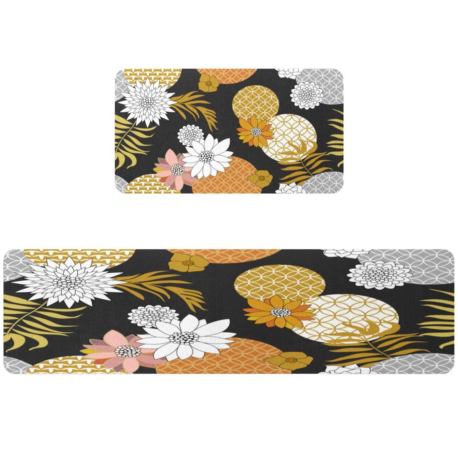 Tapis de cuisine floral doré et argenté, l'éclat haut de gamme pour vos sols lavables