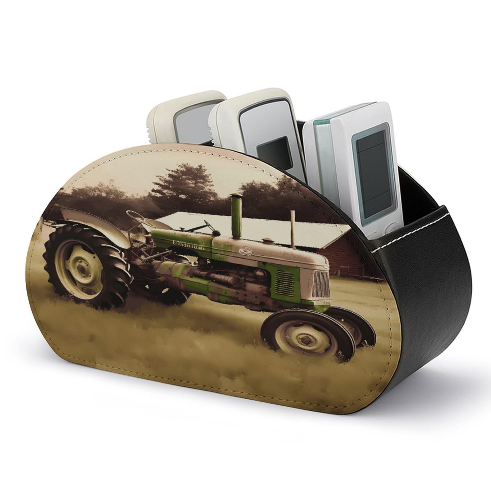 FodPand Old Tractor Photo Farm Remote Control Holders PU Leather Remote Caddy Desktop Organizer with 5 Compartments TV Remote Holder Box Tray for Bedside Table Office Desk Accessories&Gift