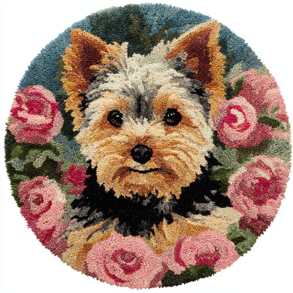 kitphoenix DIY Latch Hook Rug Kits Yorkshire Terrier Easy for Beginners Round Carpet Crochet Yarn Craft Large Rug Hook and Latch Tapestry for Home Decor 50X50Cm