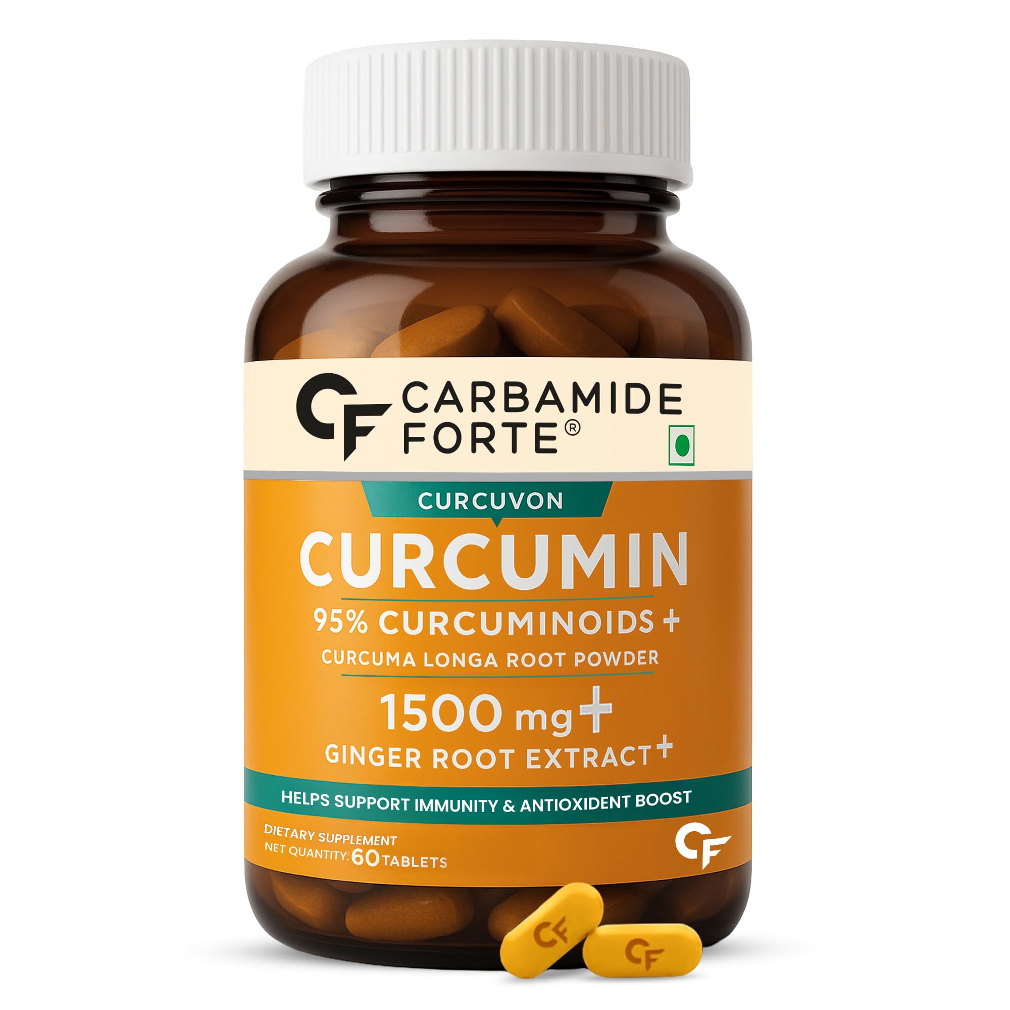 Carbamide Forte Curcumin Tablets With Piperine And 95% Curcuminoids | Anti Inflammation Supplements For Adults | Curcumin Ginger Supplement | Immunity Booster For Adults - 60 Veg Tablets