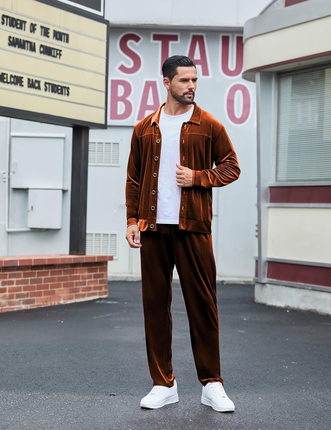 LecGee Men's Fall Soft Velour Casual 2 Piece Set Button Down Solid Color Jacket and Cuffed Pants Outfit Dailywear set - Image 4