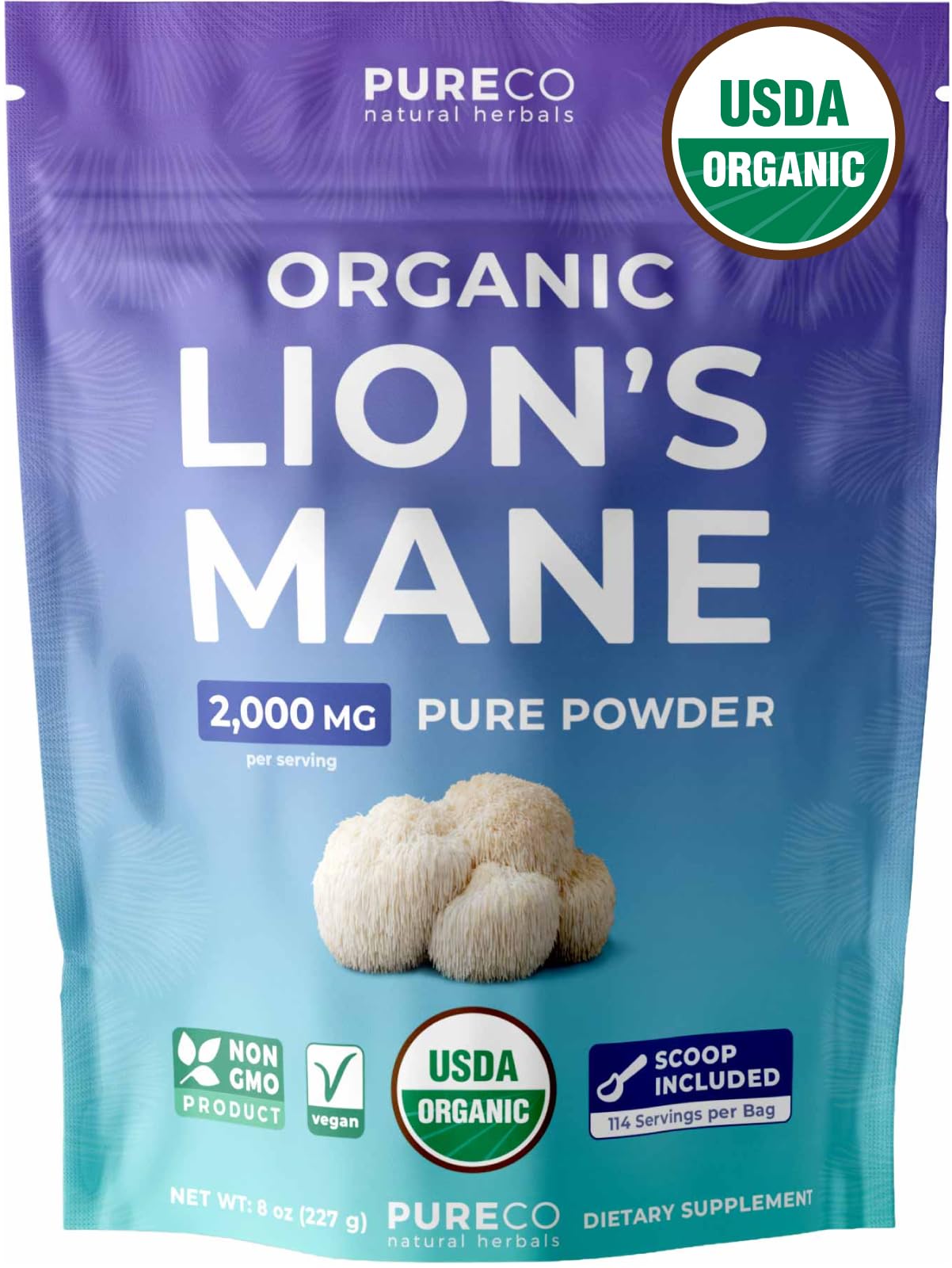 USDA Organic Lion's Mane Powder - Lion Mane Mushroom Supplement for Coffee Smoothies & More - Nootropic Brain Supplement for Memory and Focus Support - Vegan Non-GMO & No Fillers (114 Servings) 8 Ounce (Pack of 1)