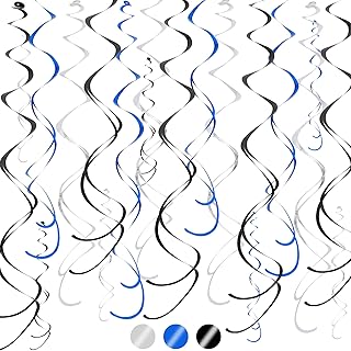 BEISHIDA Navy Blue Black and Silver Hanging Swirls Party Decorations Plastic Streamer for Ceiling, Graduation Men Retirement Birthday Hanging Party Supplies, Pack of 20