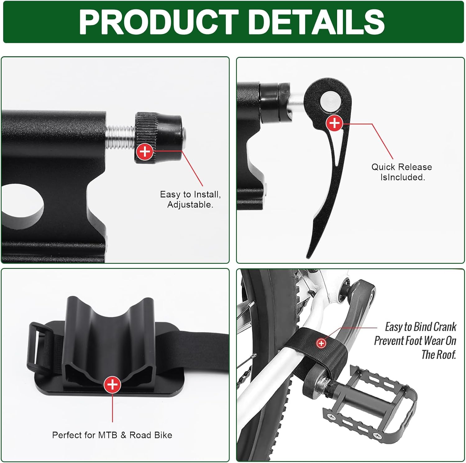 Universal Roof Bike Rack Set–9mm Quick Release Fork Mount&Rear Wheel Holder,Fits 9x100mm&9x110mm Standard Hubs,Anti-Slip Rear Tire Strap,for Car,SUV,Truck Crossbars,Aluminum Alloy (Black)