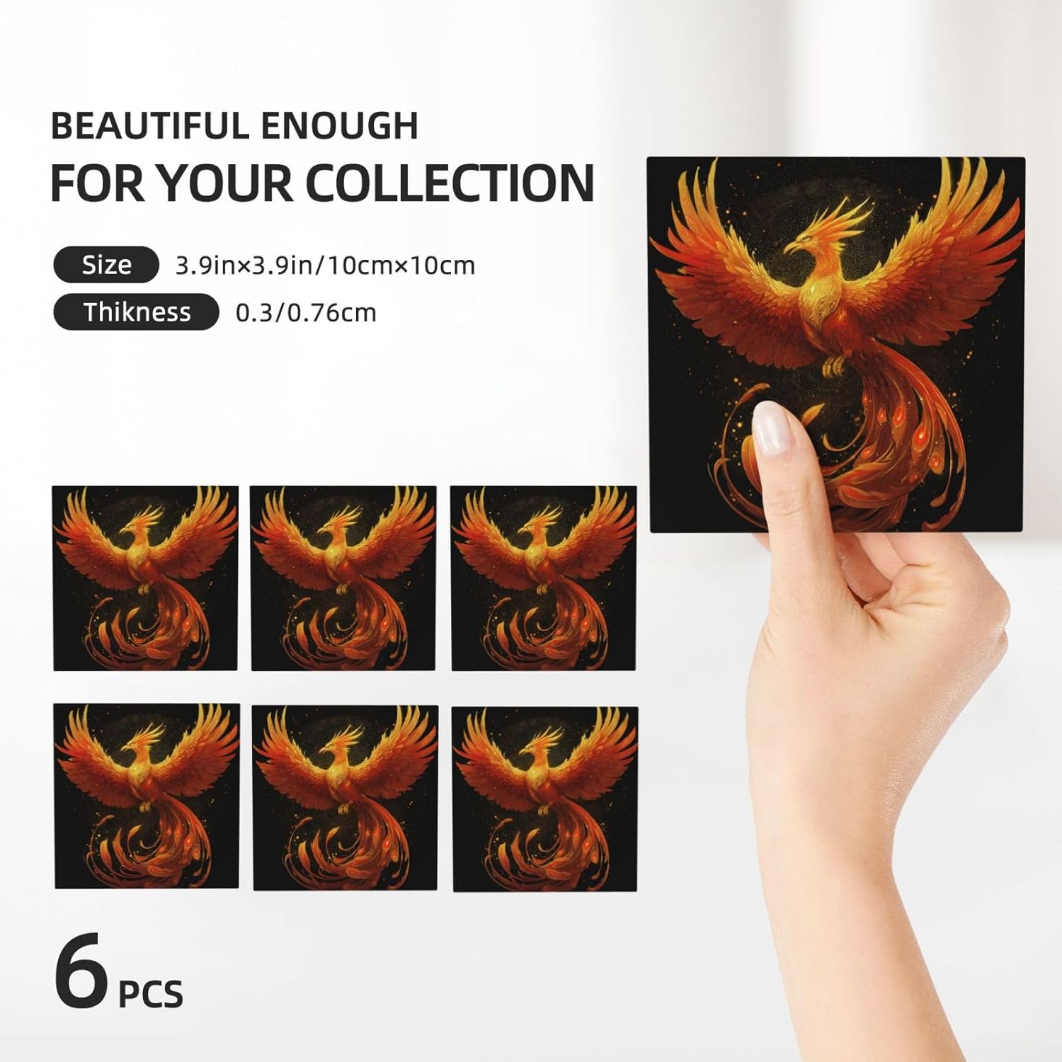 (Fantasy Phoenix) Ceramic Coasters Set of 6 with Holder Non-Slip Square Coffee Coasters for for Cup Mug Drink Patio Coffee Table Decor, Christmas Coasters Home Bar Supplies