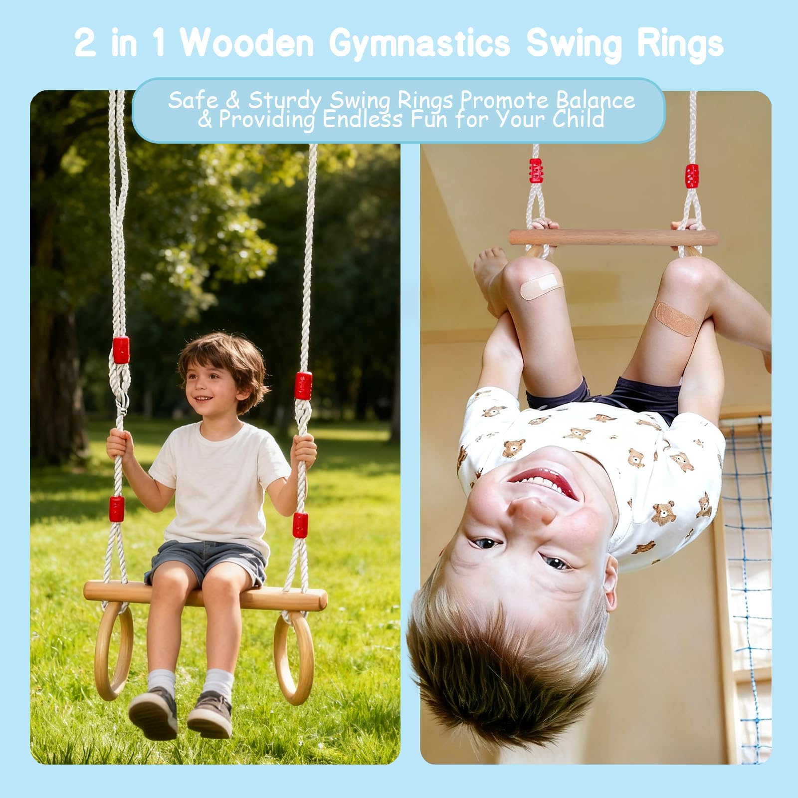 Trapez Schaukel Garten,Kinderschaukel Outdoor Indoor Kinderschaukel aus Holz 2 in 1 Therapieschaukel mit Turnringe zum Aufhängen Maximale Tragkraft 100 kg（Verstellbare Seillänge