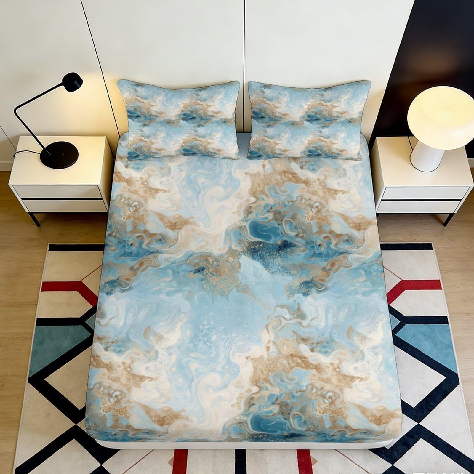 3D Printed Blue Marble Fitted Sheet Microfiber Soft Breathable Abstract Swirl Bed Cover for Bedroom Guest Room 90x200x25cm