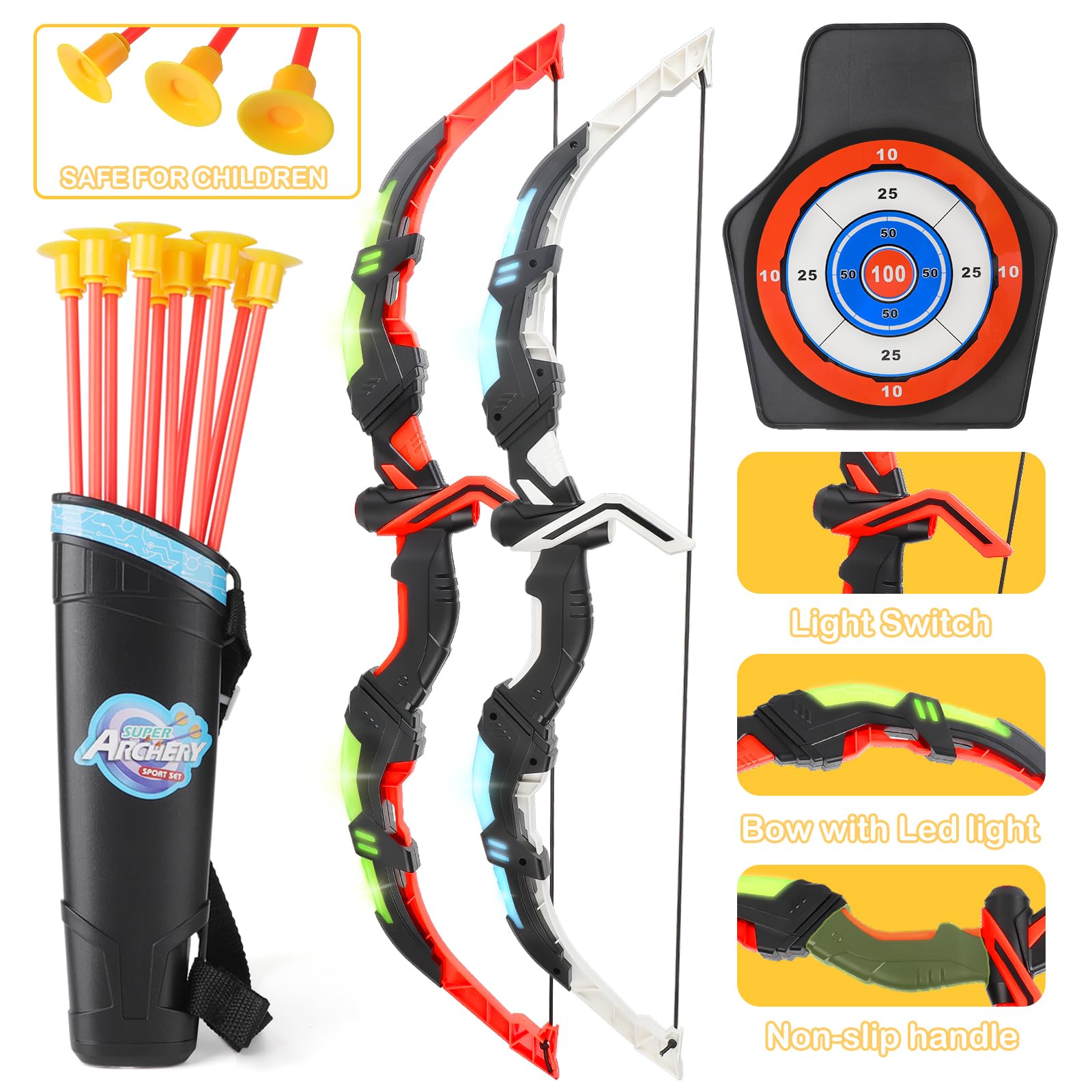 Set Di Tiro Con Arco Per Bambini - Arco Luminoso, 10 Frecce Con Ventose, Bersaglio, Scudo, Gioco Di Avventura - Foto 2