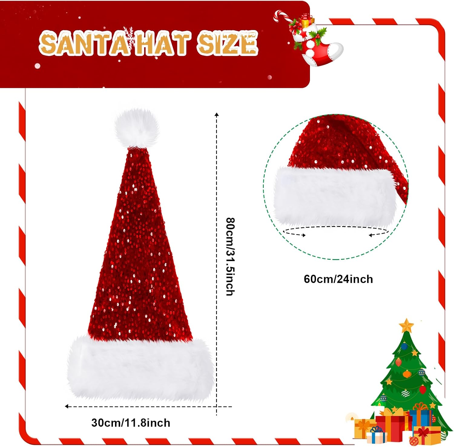 Glitopper 4 Pcs Santa Hats Shiny Sequin Christmas Hat with Plush Brim Thicken Velvet Xmas Hats for Women Men Party Accessory
