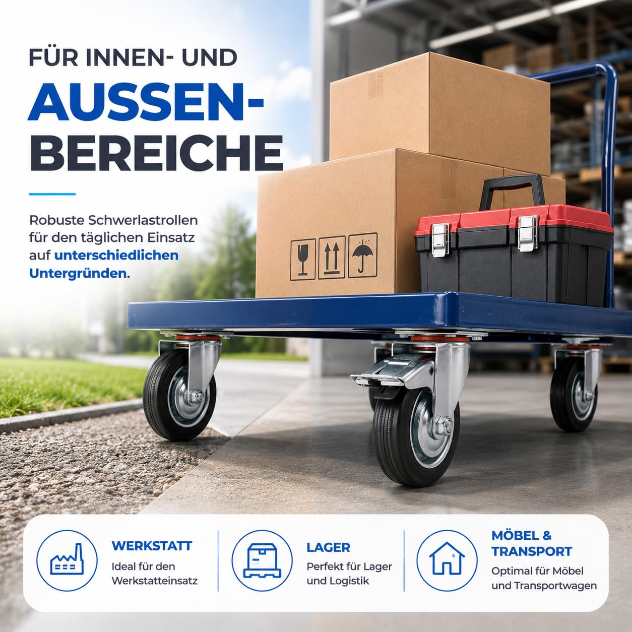 Wheels 4er Transportrollen 400 kg belastbar Lenkrolle mit Bremse - Schwerlastrollen 75 mm - Rollen mit Bremsen - Schwerlast Möbelrollen (4x Lenkrollen ∅7.5 cm)