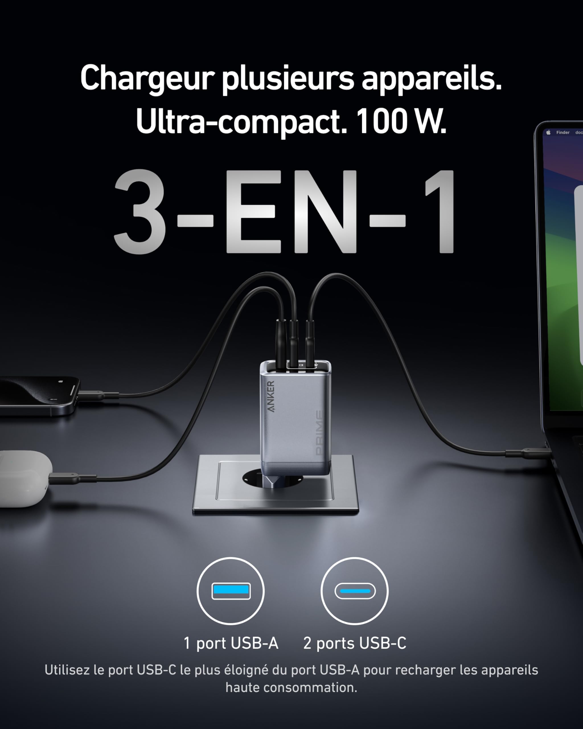 Anker Chargeur USB C 100 W Prime GaN, Chargeur Mural Anker Pliable et Compact GaN 3 Ports, pour MacBook, iPad, iPhone 16/16 Plus/16 Pro Max/15/14/13/12/11, Galaxy S24/S23, et Bien Plus Encore