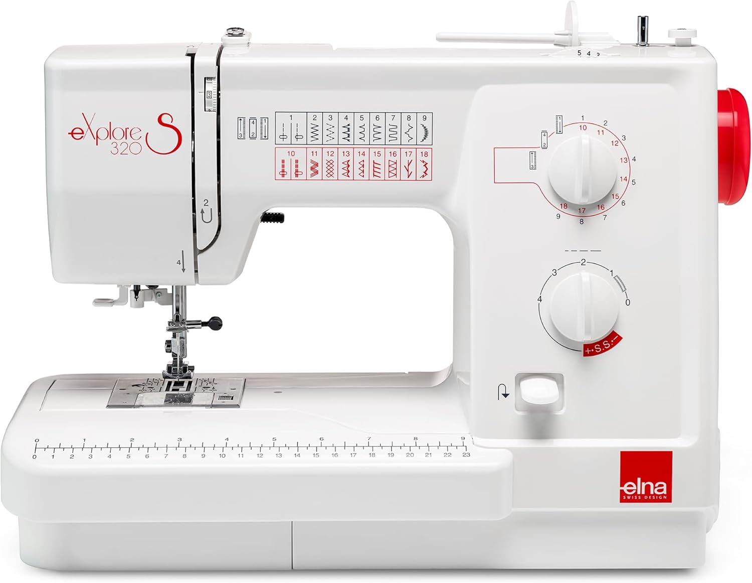 Elna Explore 320s Mechanical Sewing Machine with 19 Stitches including Utility, Decorative, and Stretch, Jam-Proof Top Loading Bobbin in a Portable Design with Extra-Wide Sewing Bed