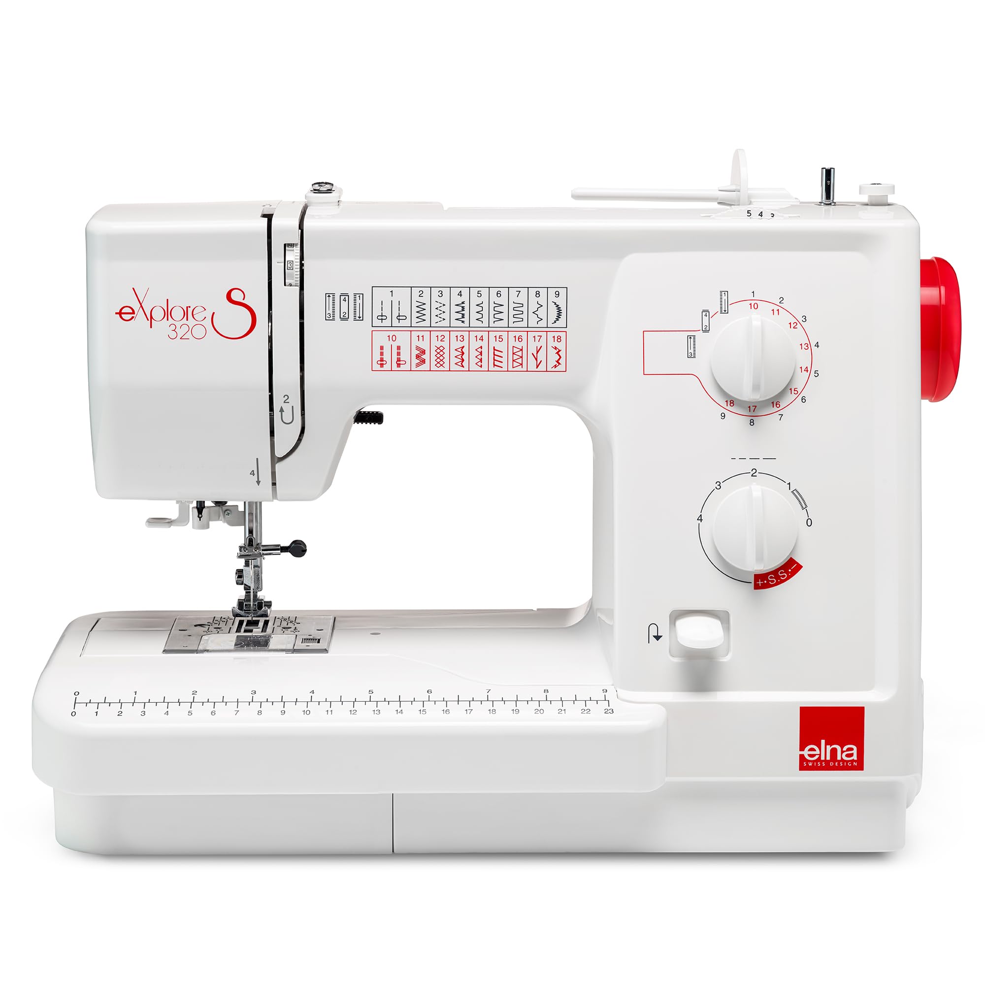 Elna Explore Macchina da cucire meccanica degli anni '320 con 19 punti con utilità, decorativa ed elastica, bobina di ricarica superiore contro la congestione dal design portatile con dimensioni del