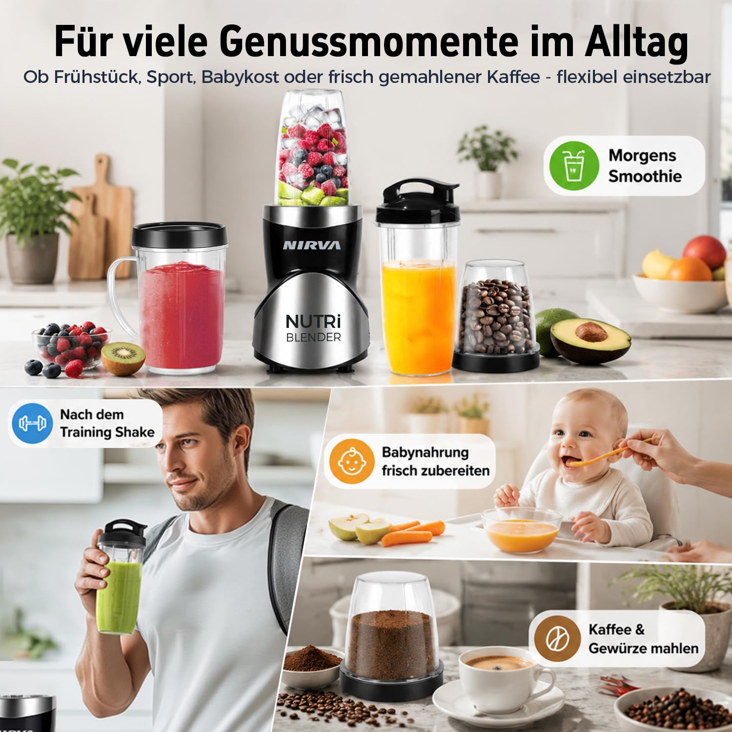Nirva 4 in 1 Mini Mixer, Smoothie Maker mit 4 Tragbare, Mixbechern Zweiblatt und Vierblatt Edelstahlklingen,Blender elektrisch für Shake, Multifunktionsmixer für Ice, Obst, Gemüse, Nüsse