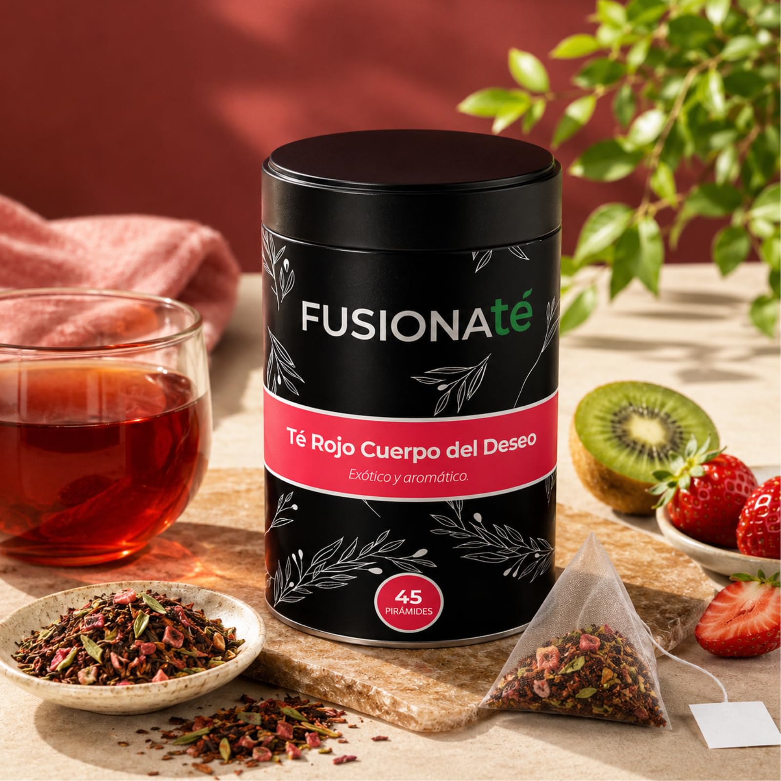 FUSIONATE, Té Rojo Cuerpo del Deseo, Delicioso Té Rojo con Fresa, Kiwi y Flor de Jamaica, Lata de 45 pirámides Bolsitas de Té, Infusión 100% Natural y Revitalizante