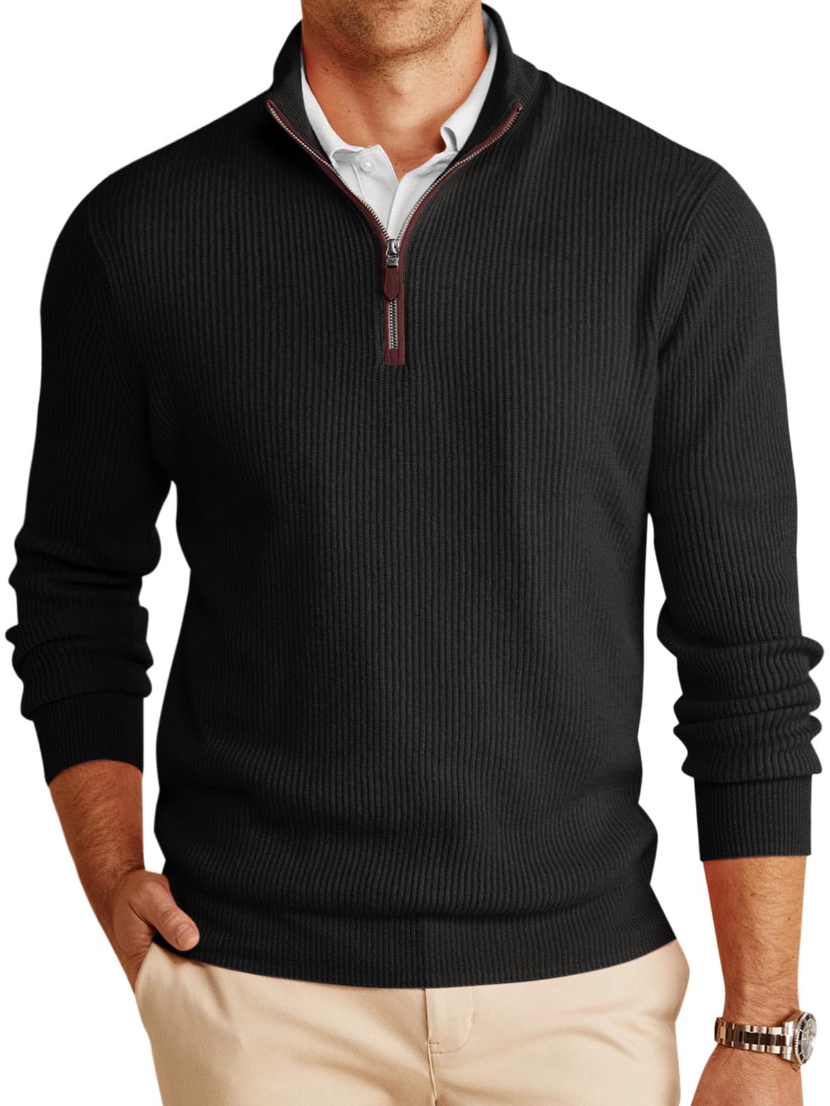 Runcati Mens Quarter-Zip Pullover Sweater Casual Mock Neck Winter Warm Ribbed Polo Sweaters