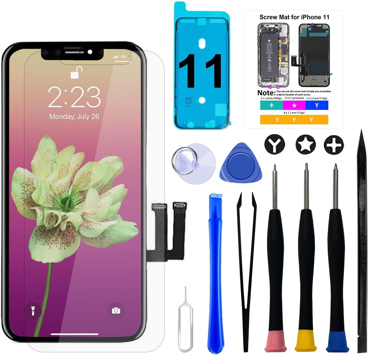 Brinonac for iPhone 11 Screen Replacement Kit, 6.1 inch LCD Display 3D Touch Screen Digitizer Frame Assembly Set with Repair Tools, Adhesive and Tempered Glass