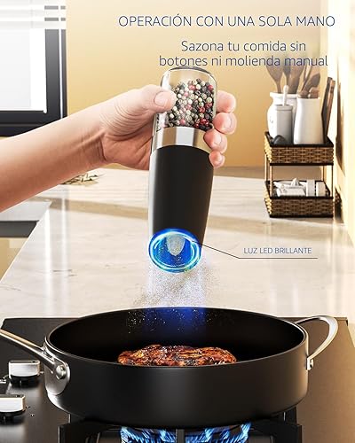 Miniatura 4 de CIRCLE JOY Gravity - Juego de molinillo eléctrico de sal y pimienta con luz LED, funciona con pilas, grosor ajustable, gran capacidad, para el