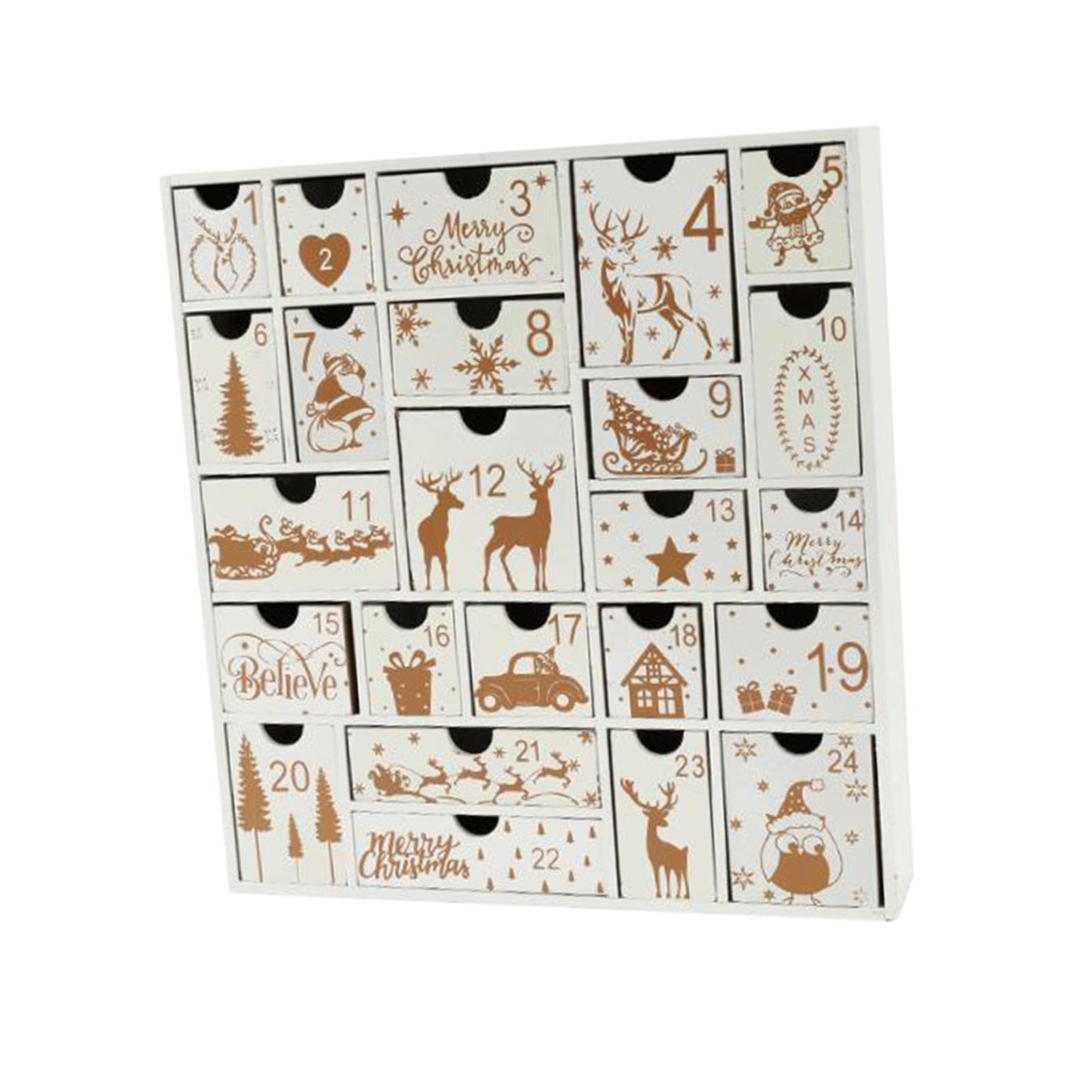 Adventskalender Holzbox 24 Aufbewahrungsschubladen Weihnachtsdekoration Geschenkbox Befüllbar Zählkalender für Kinder Erwachsene Wohnzimmer Büro Festl, Weiß