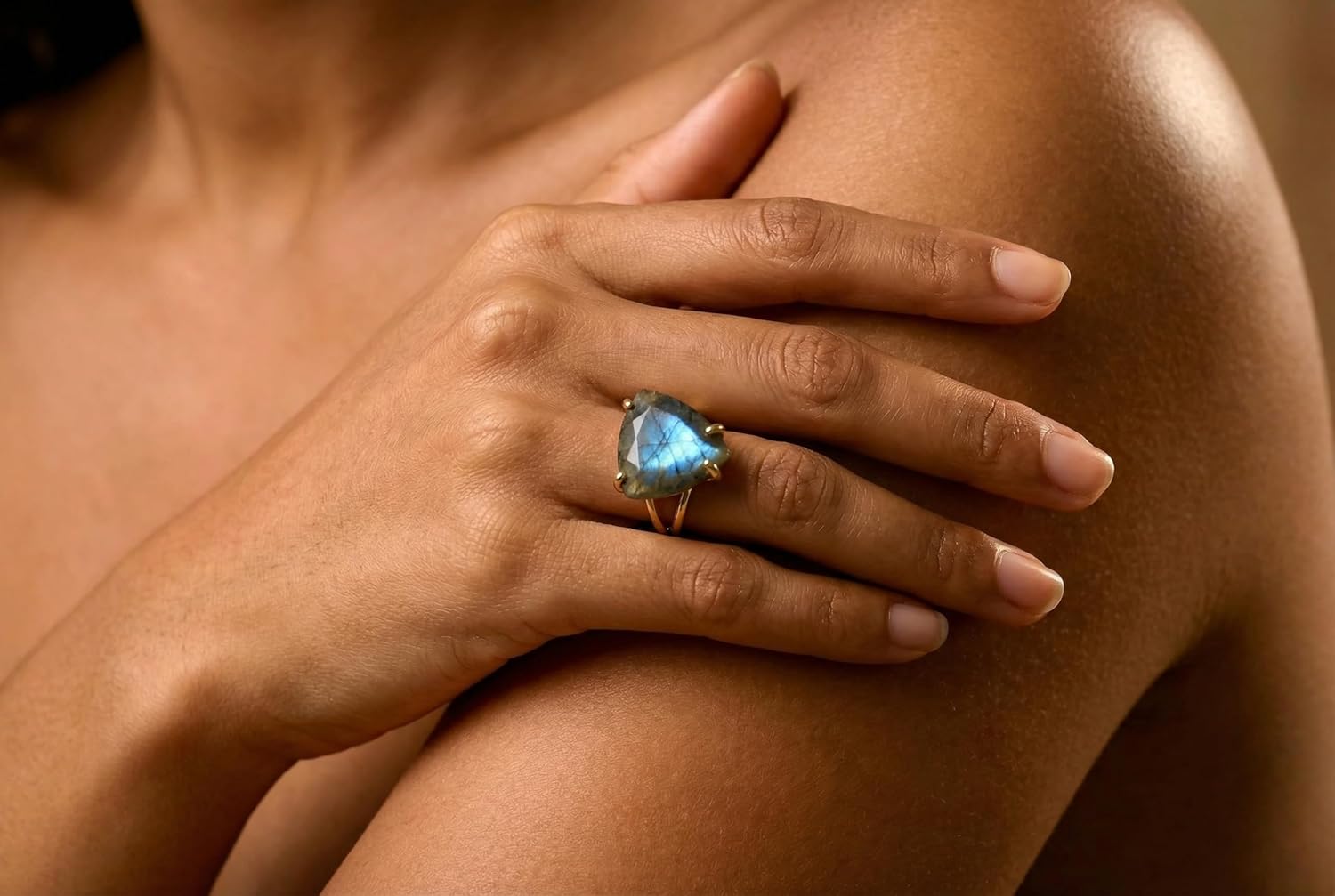 Fascinating Trillion Labradorite Ring - 14k Yellow Gold Ring for Fashion, Engagement, Wedding, Statement - Handmade Gemstone Jewelry for Women - Customizable Jewelry for Her