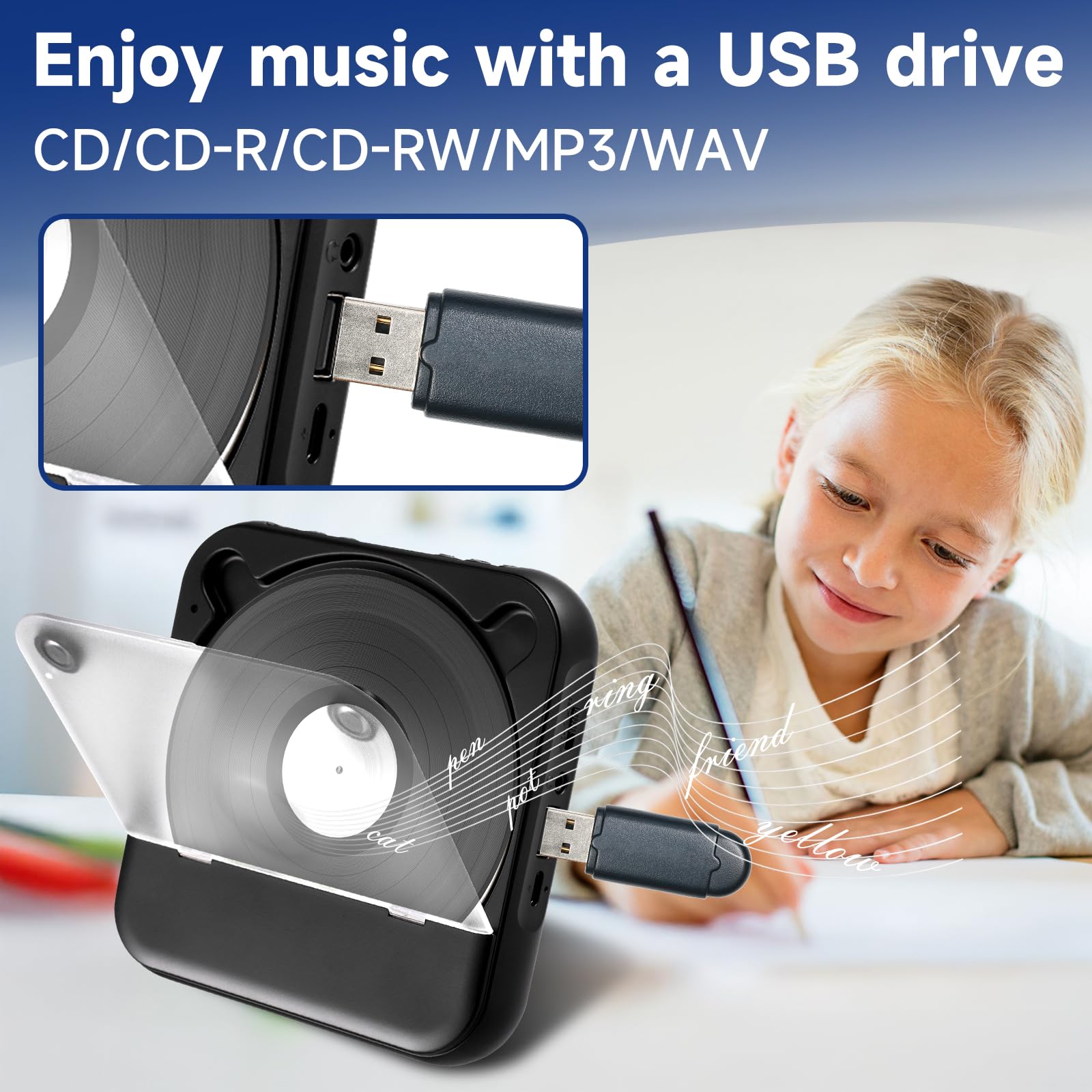 Lettore CD Portatile con Bluetooth 5.3 - Lettore CD per Bambini con Batteria da 2000 mAh, USB, Riproduzione MP3, connessione AUX - incl. Cuffie - per Auto, Viaggi e cameretta dei Bambini