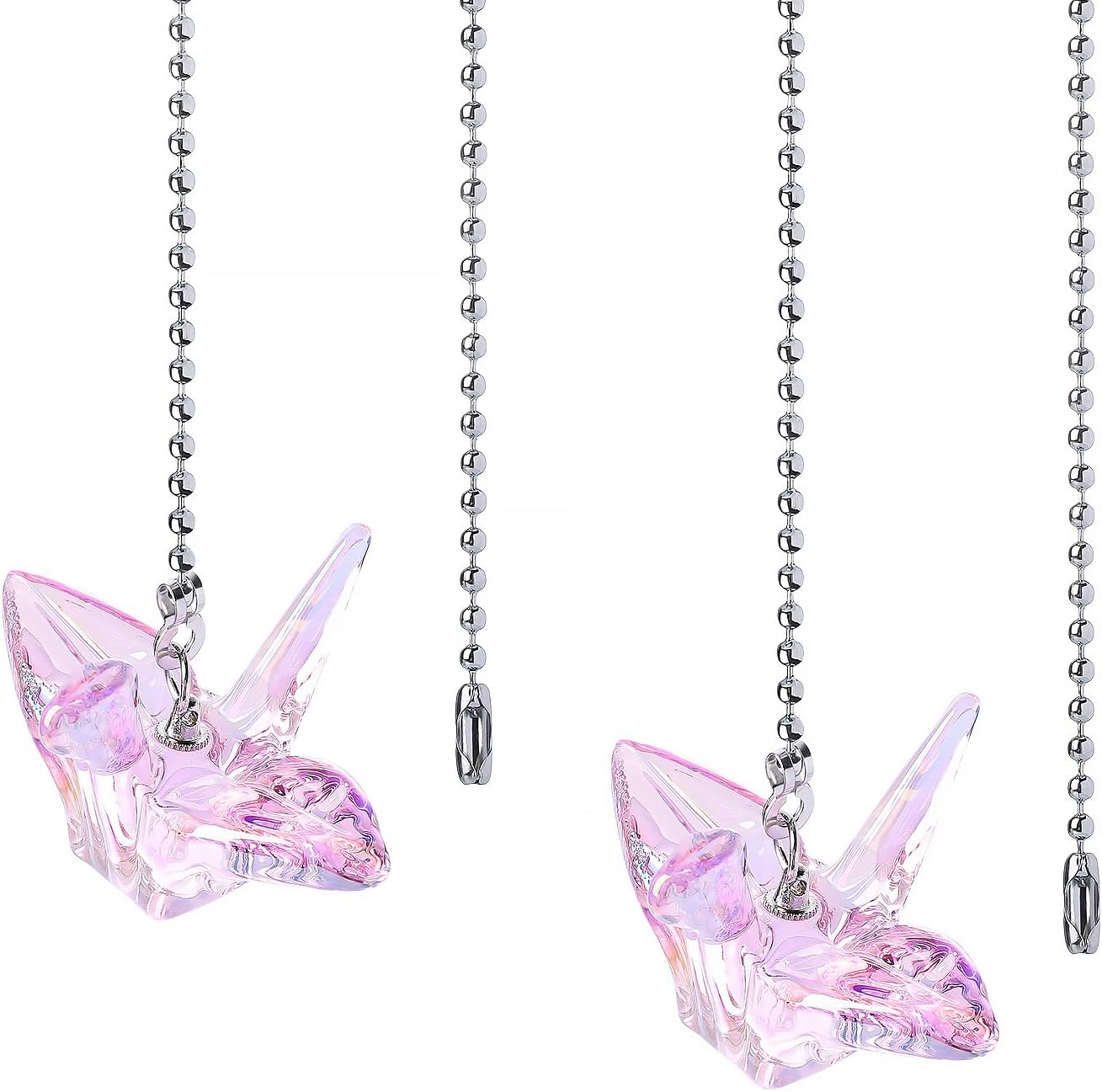 LONGSHENG - SINCE 2001 - 2 Pack Ceiling Fan Pull Chain Ornaments Extension Chains with Decorative Pink Glass Paper Cranes 20 Inches Fan Pull Chain Set For Ceiling Light Lamp Chain