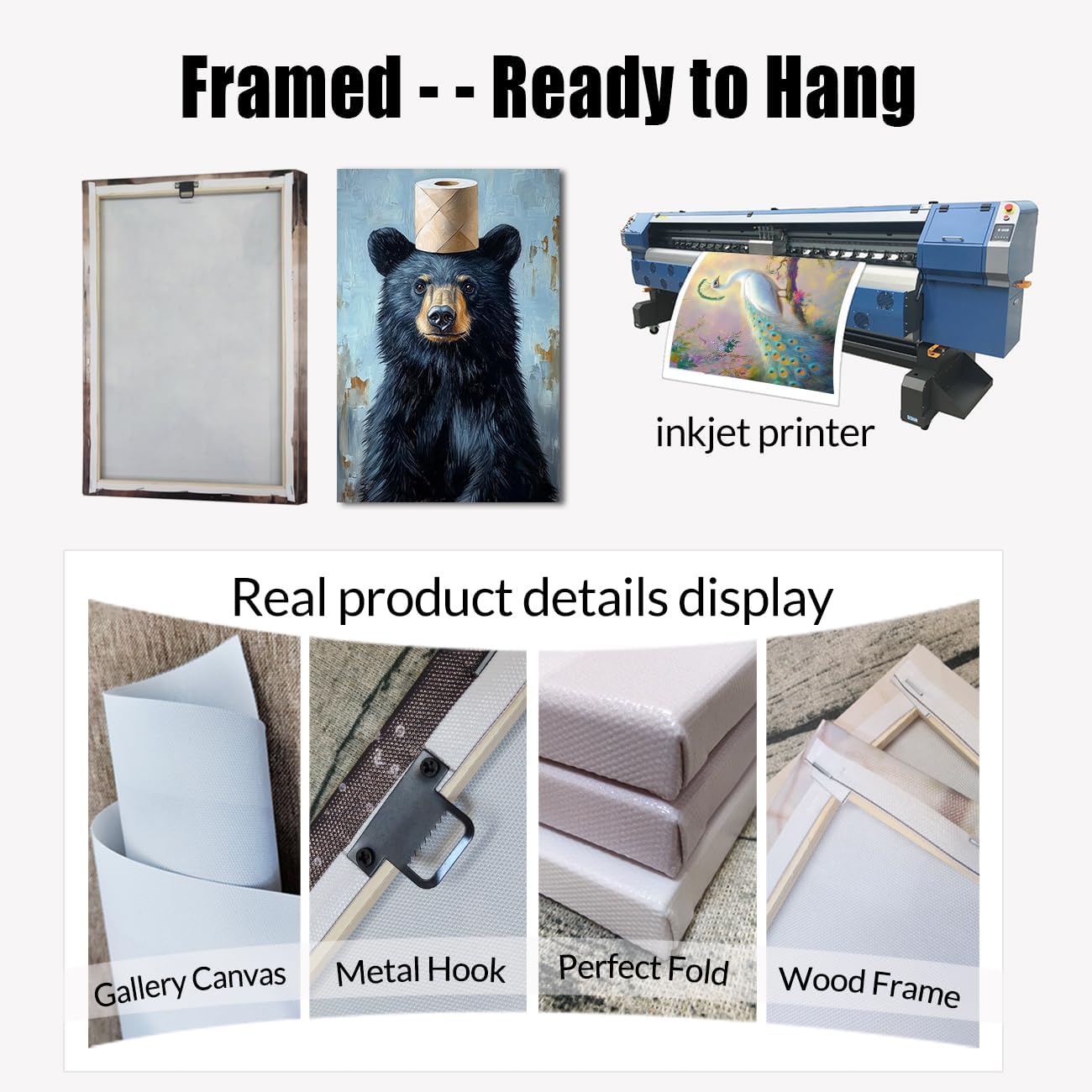 BJYCHG Funny Bear Wall Art Bathroom Decor Black Bear with Toilet Paper On Head Canvas Painting Cute Animals on Toilet Picture Prints for Restroom Framed (Teal, 20L x 16W)