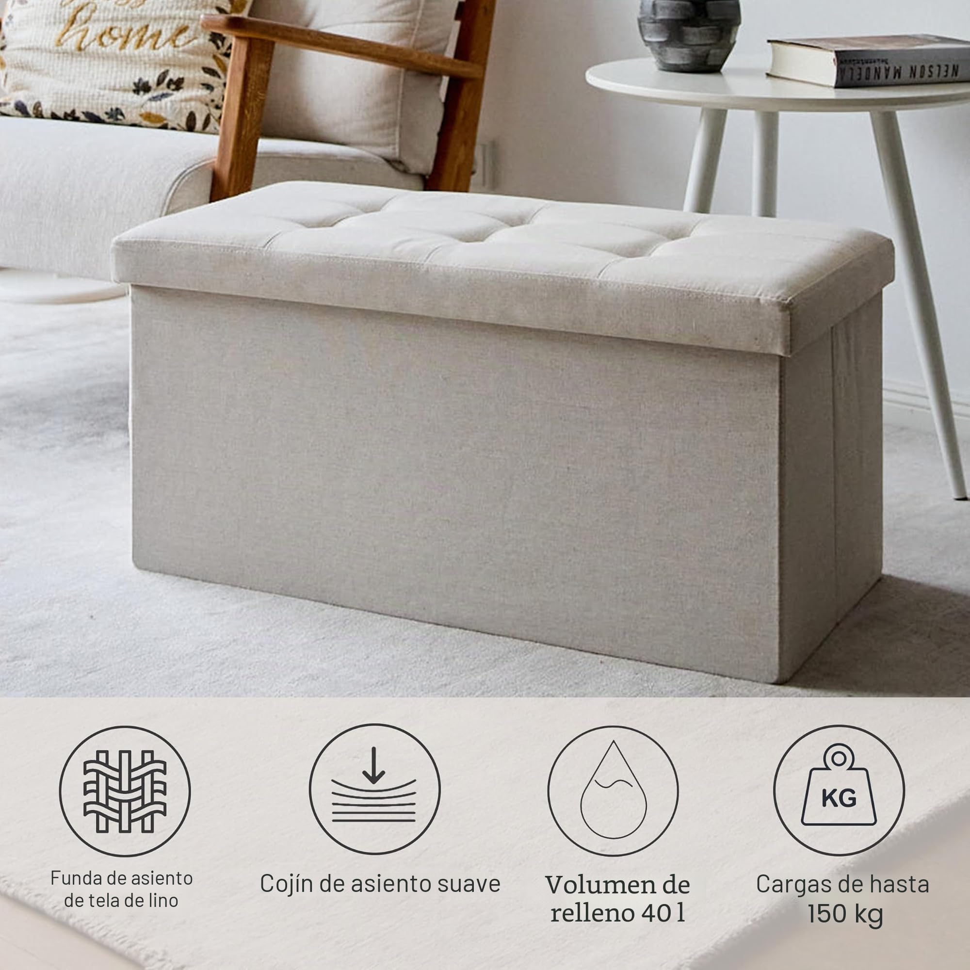 Love IT Store IT Premium Banco con espacio de almacenamiento - Baúl de lino - Reforzado con madera - Cómodo y estable - Beige - 76 x 38 x 38 cm