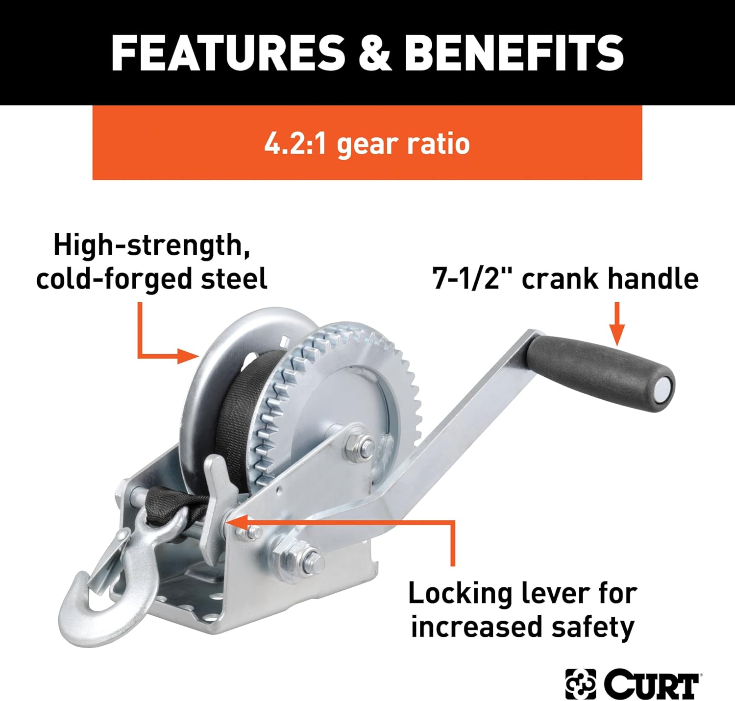 CURT 29435 Manual Hand Crank Boat Trailer Winch, 1,400 lbs Capacity, 7-1/2" Handle, 4.2:1 Gear Ratio, 20' Strap