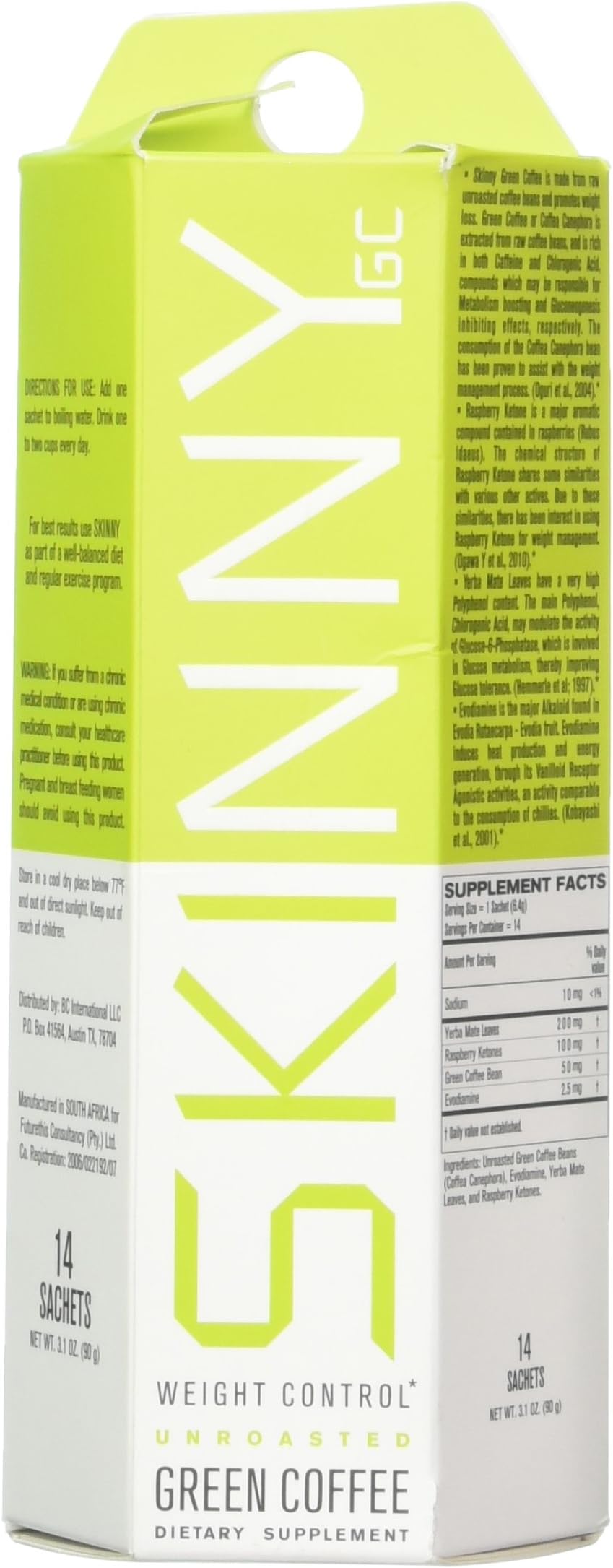 Skinny Green Coffee- Gourmet Unroasted Coffee with Raspberry Ketones, Yerba Mate, and Evodiamine. Premium All-Natural Ingredients. Comes in 14 Convenient Single Serve Packets- Just add Water.
