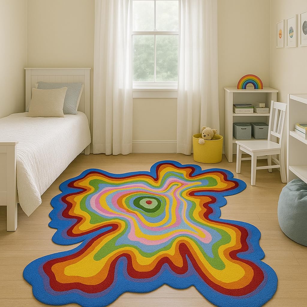 Irregular Shaped Custom Throw Rug Illusion Pattern Hand-Tufted Wool Handmade Area Rug for Home, Bedroom, Living Room, Kids Room (3X3)