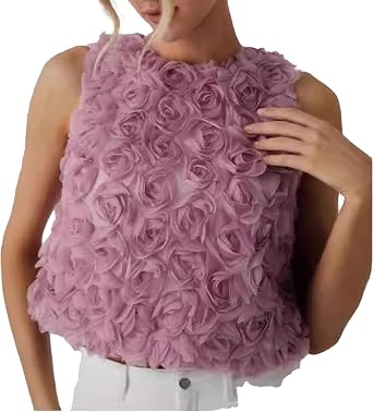 3D Rose Embroidered Sleeveless Top, Womens Stylish Loose Fit Short Vest, Casual Pink Chiffon Floral Mesh Blouse