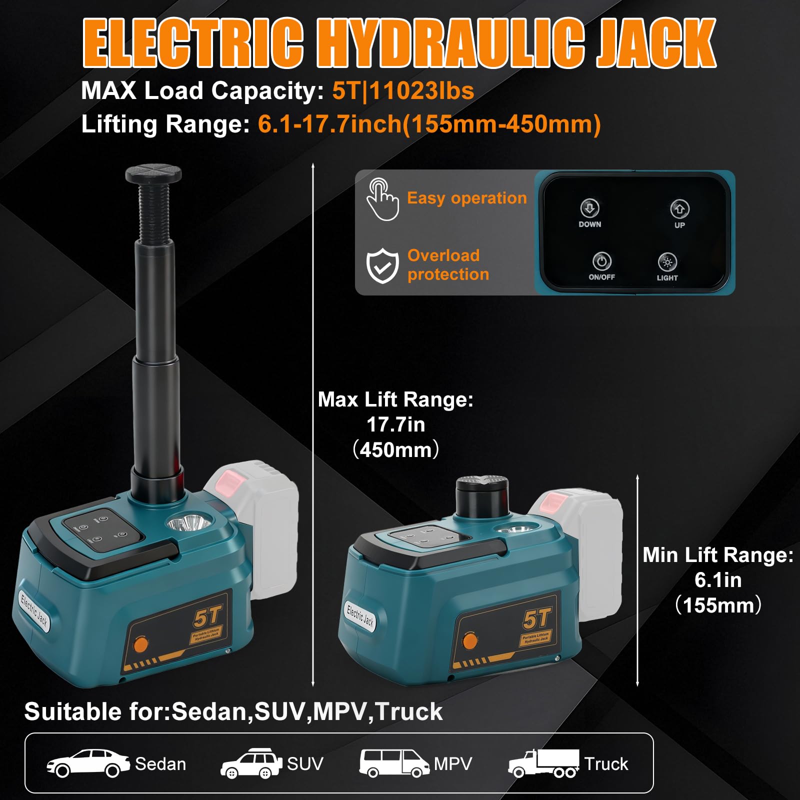 Cric idraulico 5T compatibile con Makita 18 V, elettrico cric idraulica con telecomando e illuminazione a LED, 150-450 mm, sollevatore per auto, SUV, berlina, MPV, cambio pneumatici (senza batteria)