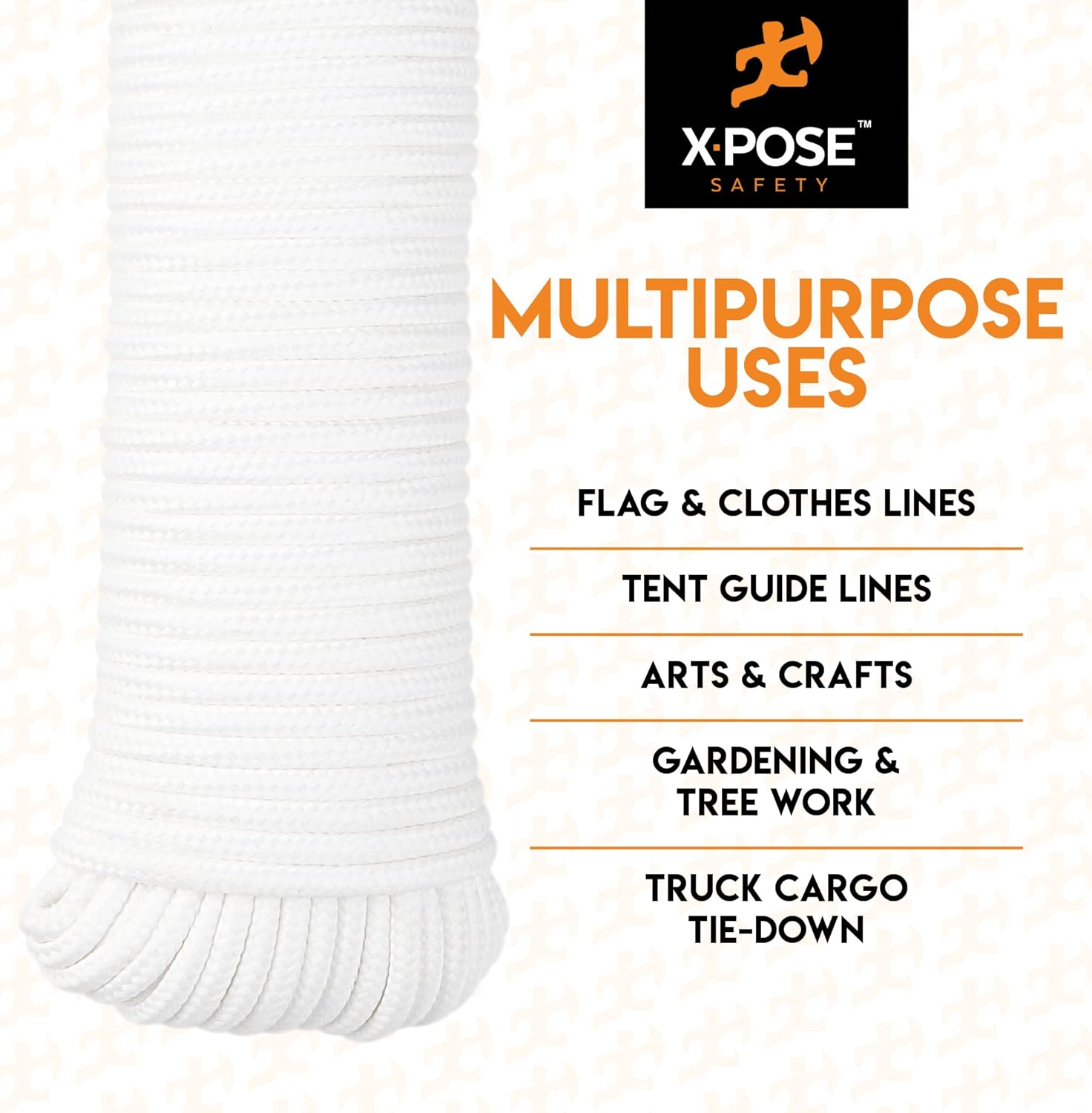 Diamond Braided Clothesline Rope – 8/32" x 100 ft – Durable Polypropylene, Heavy-Duty Poly Braided Cord for Clothesline, Camping, Tent, Flagpole, Arborist, Hoist, Pulley – White (6 Pack)