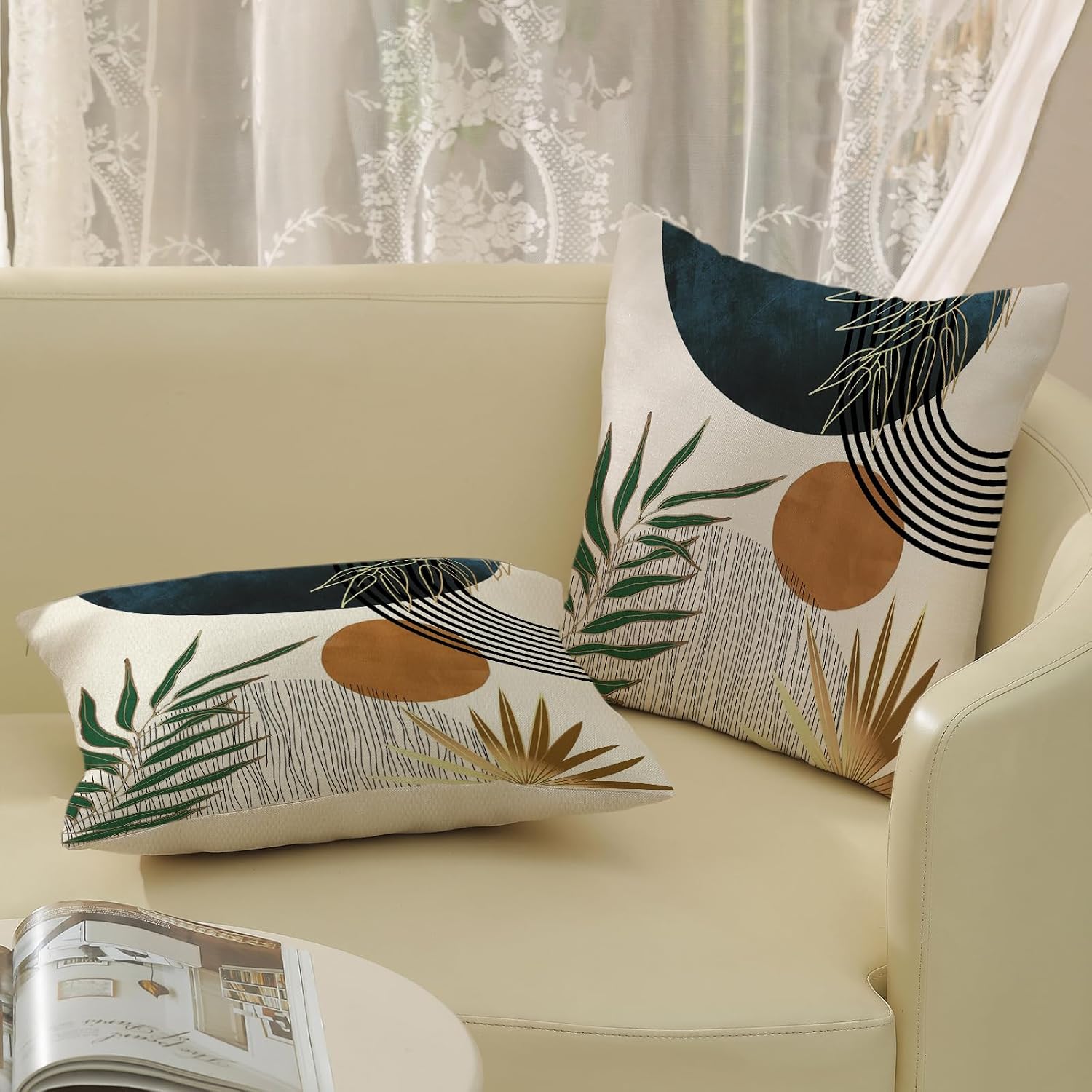 Boho Pillow Covers 18x18 Set of 2 Green Gold Navy Blue Throw Pillows Tropical Leaves Sunset Decor Modern Mid Century Pillowcase Outdoor Decorations Bohemian Linen Cushion Case for Couch Sofa image 4