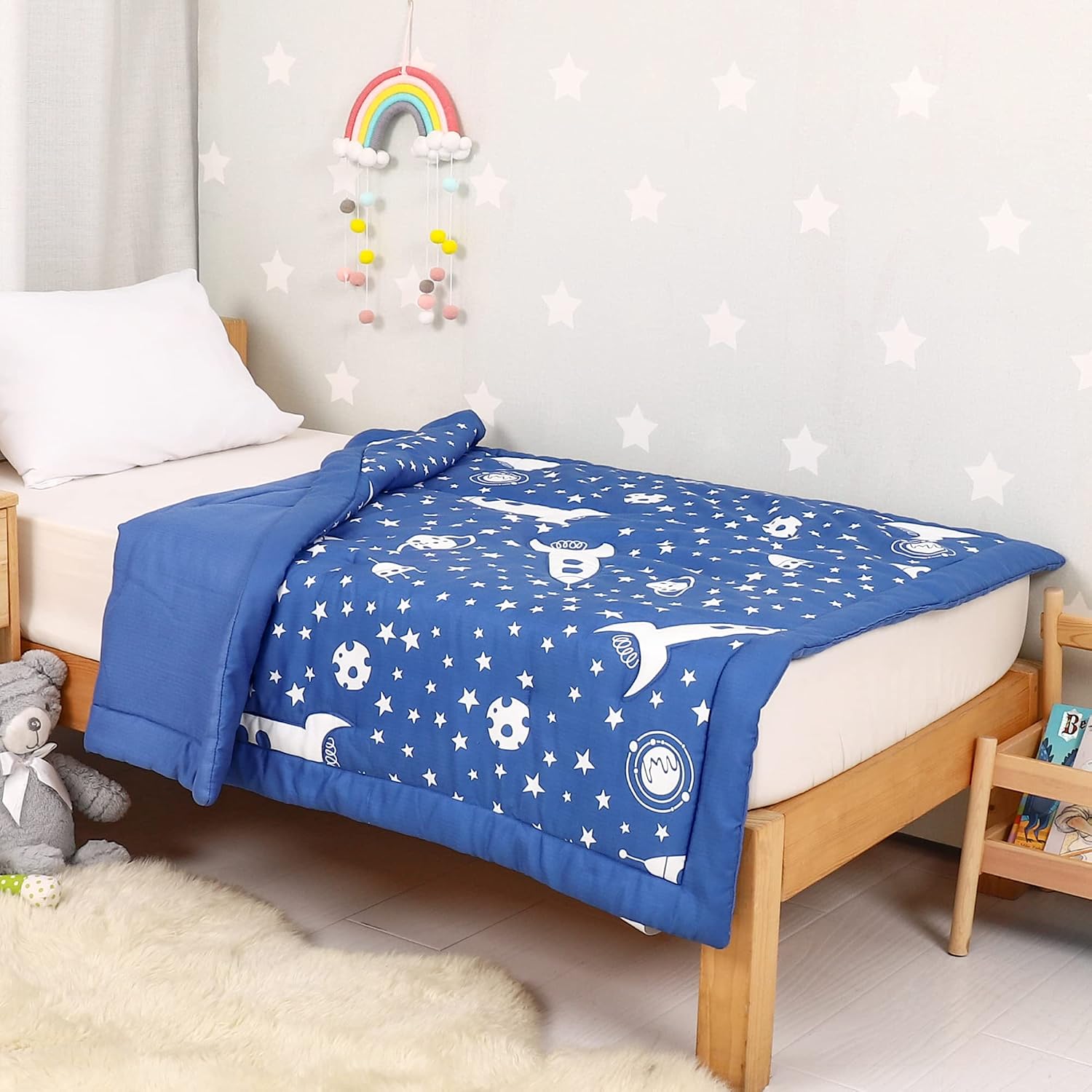 TILLYOU Quilted Down Alternative Toddler Comforter Blanket for Winter, Extra Thick Soft Microfiber Bed Quilt for Daybed Crib, Warm Nursery Blanket for Boy Girl, 39”x47”, Galaxy Space