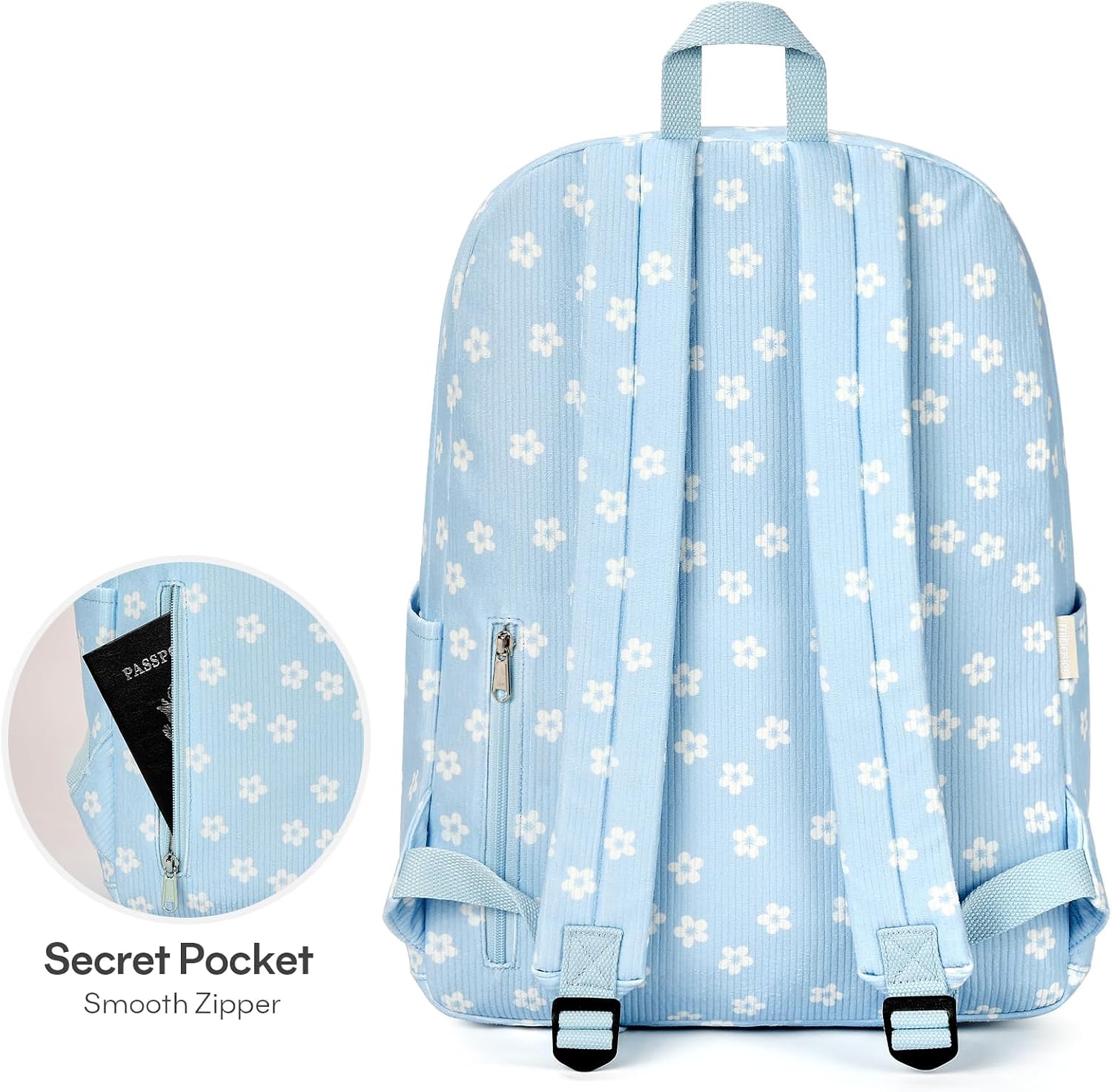 mibasies School Backpack for Girls with Laptop Sleeve: 18IN Large Capacity Corduroy Bookbag for Primary Middle School/College, Travel Daypack for Teens Women - Blue Flower thumbnail