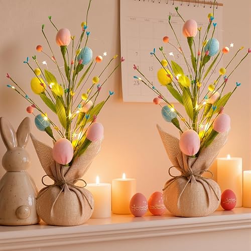 2 Pack 18 Inch Pre-lit Floral Easter Egg Tree Tabletop