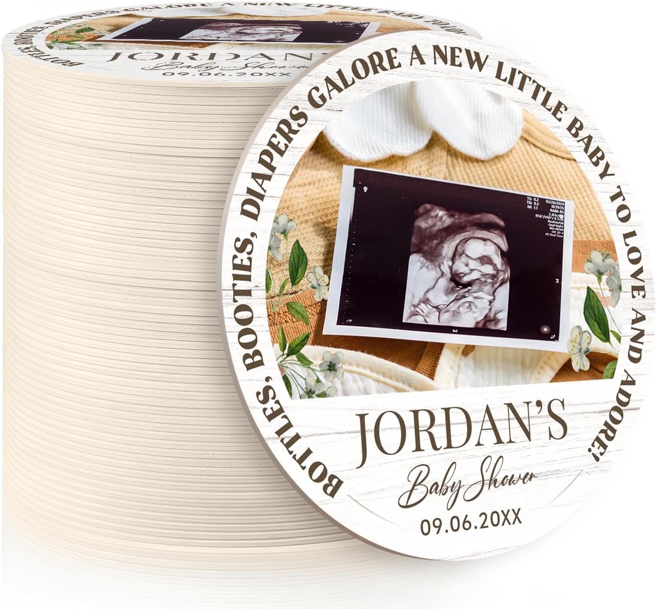 60 Pack Personalized Baby Shower Coasters, Custom Cardboard Drink Coasters with Photo Print and Text, Keepsake Gender Reveal Gifts for Couples, 3.95" Round, Design 3