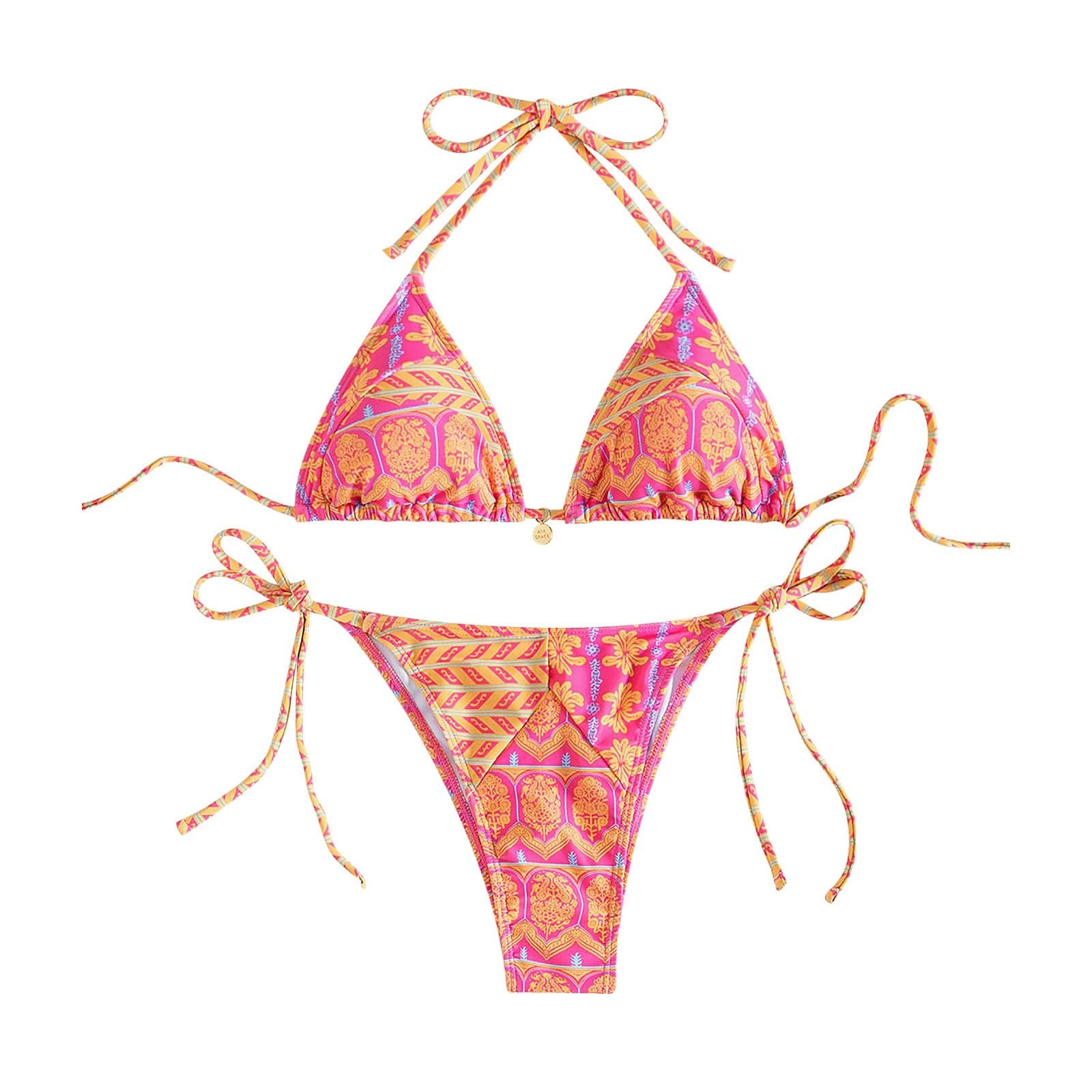 YANFJHV Conjuntos de bikini para mujer, trajes de baño de talle alto, dos trajes de baño, estampado floral, sexy triángulo, bikinis para mujer, pechos grandes con aros