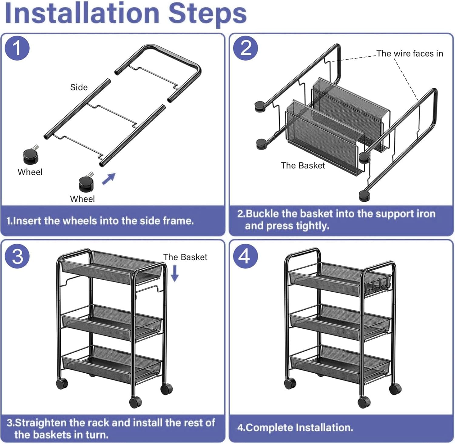 3 Tier Metal Rolling Cart, Bathroom Organizer Wire with Wheels, Easy Assemble Utility Carts with 4 Hooks, Storage Shelves for Kitchen Laundry Room, Black