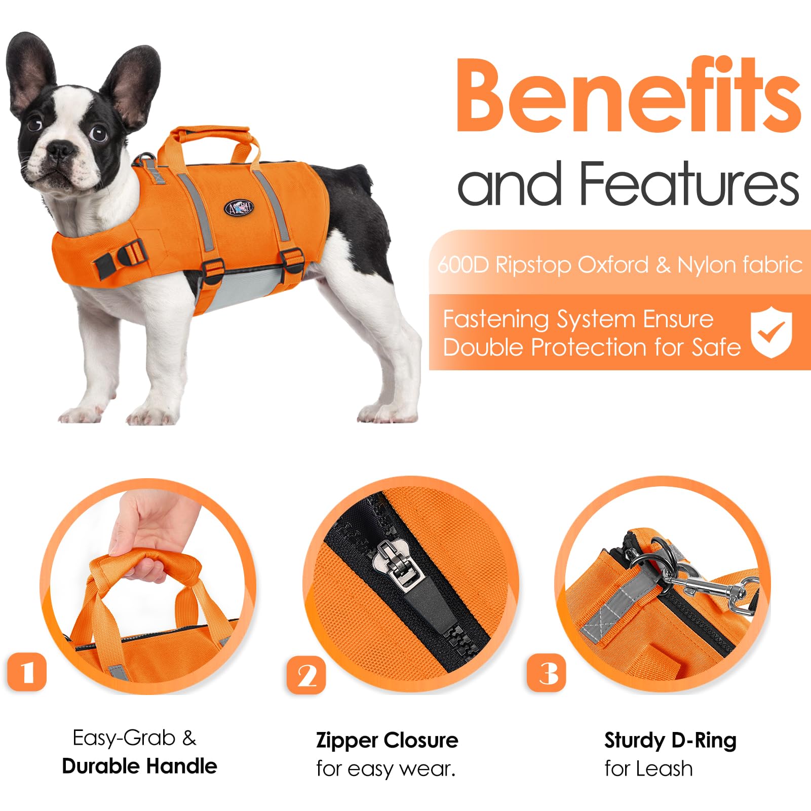 AOFITEE Chaleco Salvavidas para Perro, Chaleco Salvavidas Ripstop para Nadar con Alta Flotación, Traje de Baño Reflectante para Perros con Asa de Rescate y Cremallera, Chaleco de Natación para Perros