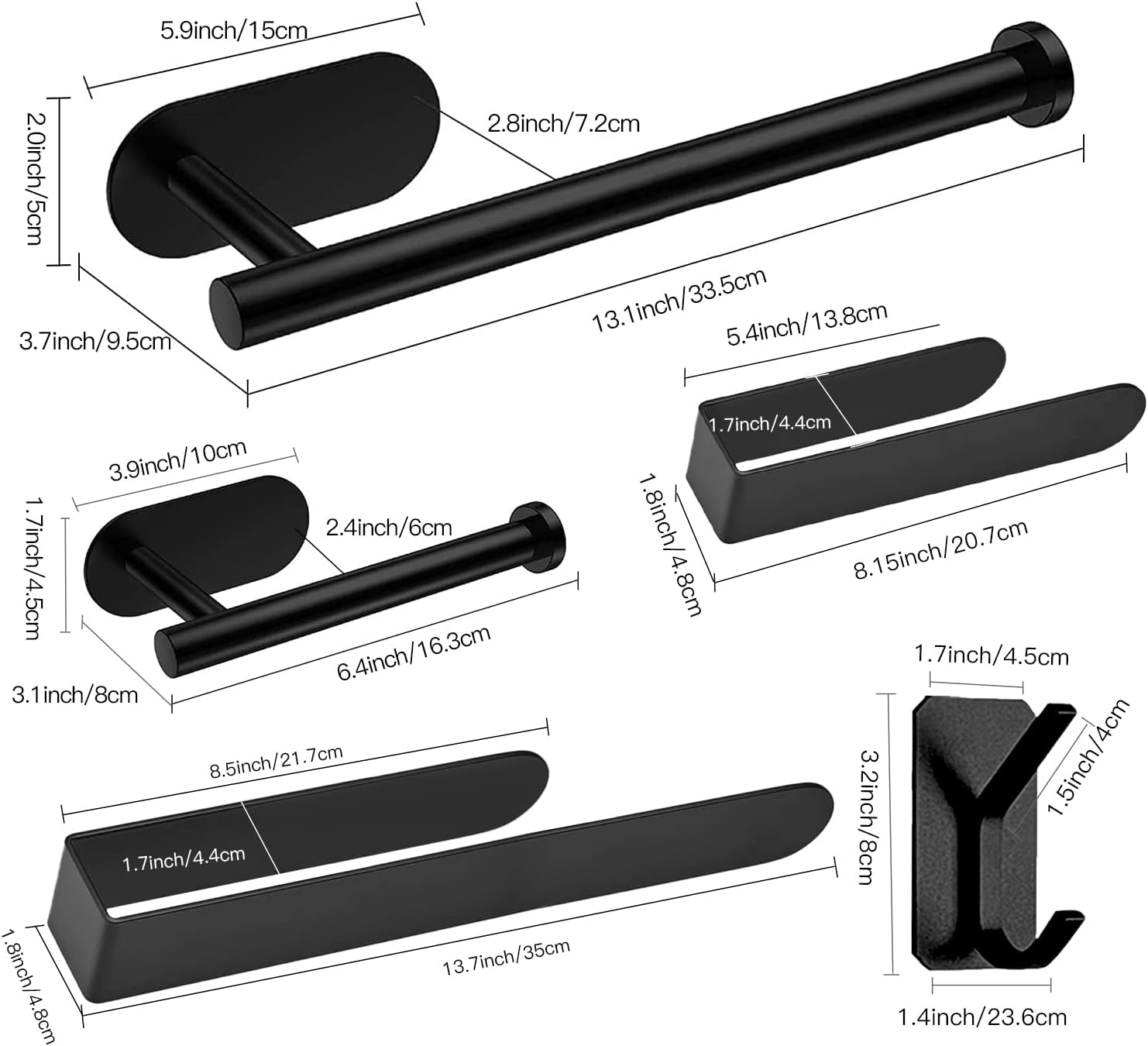 HUFEEOH Adhesive Bathroom Accessories Set, 6 Piece Bathroom Hardware Set Towel Racks for Bathroom Wall Mounted Black Towel Bar Set