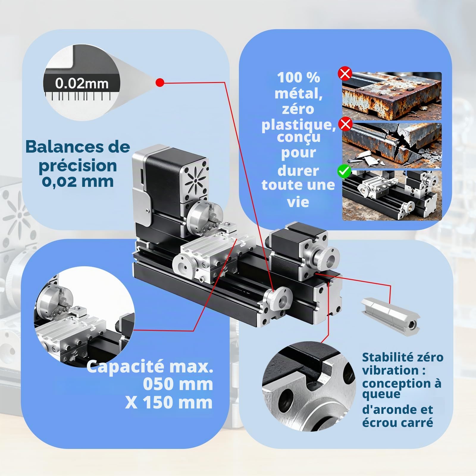 Tour miniature entièrement en métal 36 W 20 000 tr/min Mini machine de tour en métal pour les amateurs de travail du bois