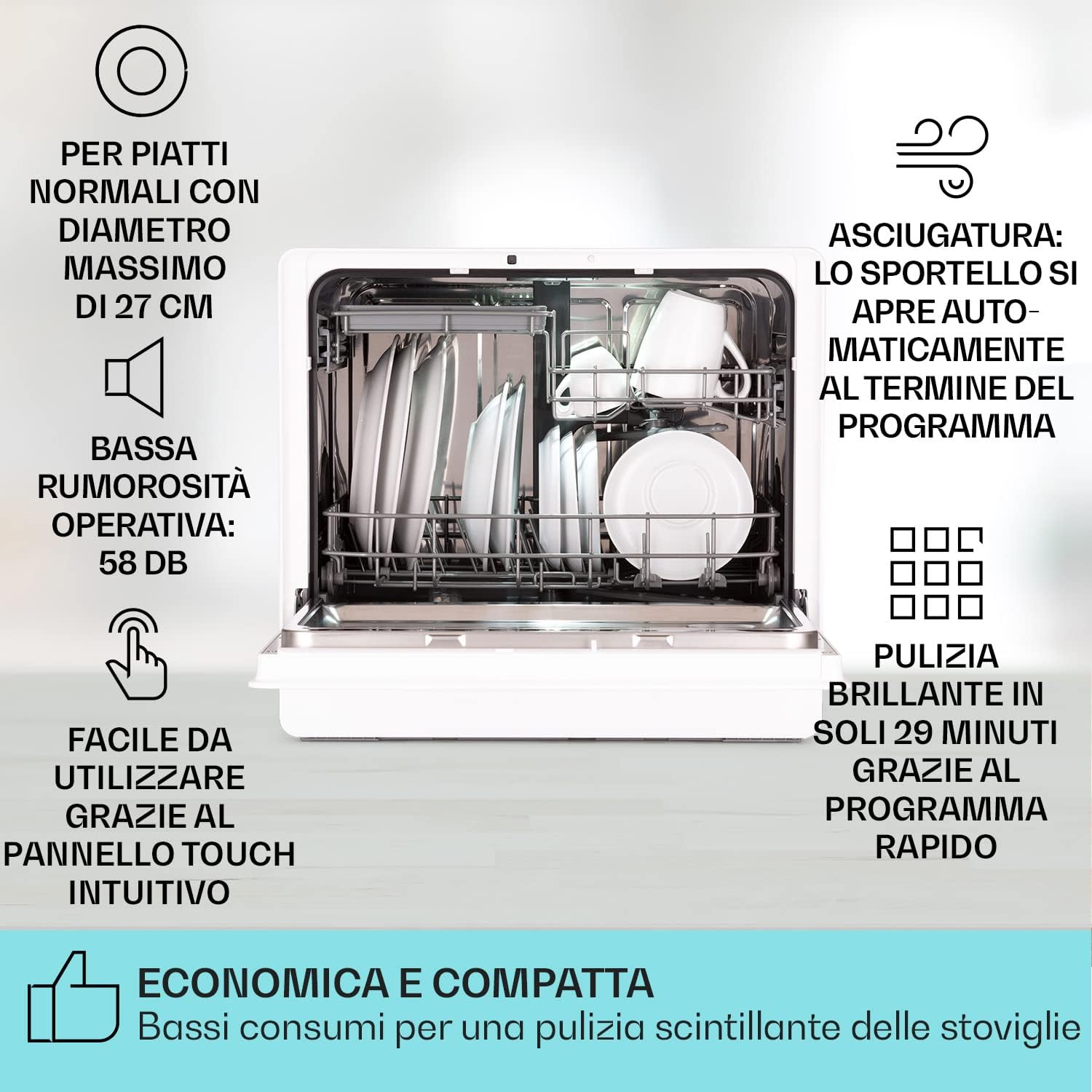 Klarstein Lavastoviglie 5 Coperti, Libera Installazione Silenziosa con 6 Programmi di Lavaggio, Piccola, Mini da Tavolo Compatta e Facile da Installare, Vetro, Bianco Klarstein Lavastoviglie 5 Coperti, Libera Installazione Silenziosa con 6 Programmi di Lavaggio, Piccola, Mini da Tavolo Compatta e Facile da Installare, Vetro, Bianco