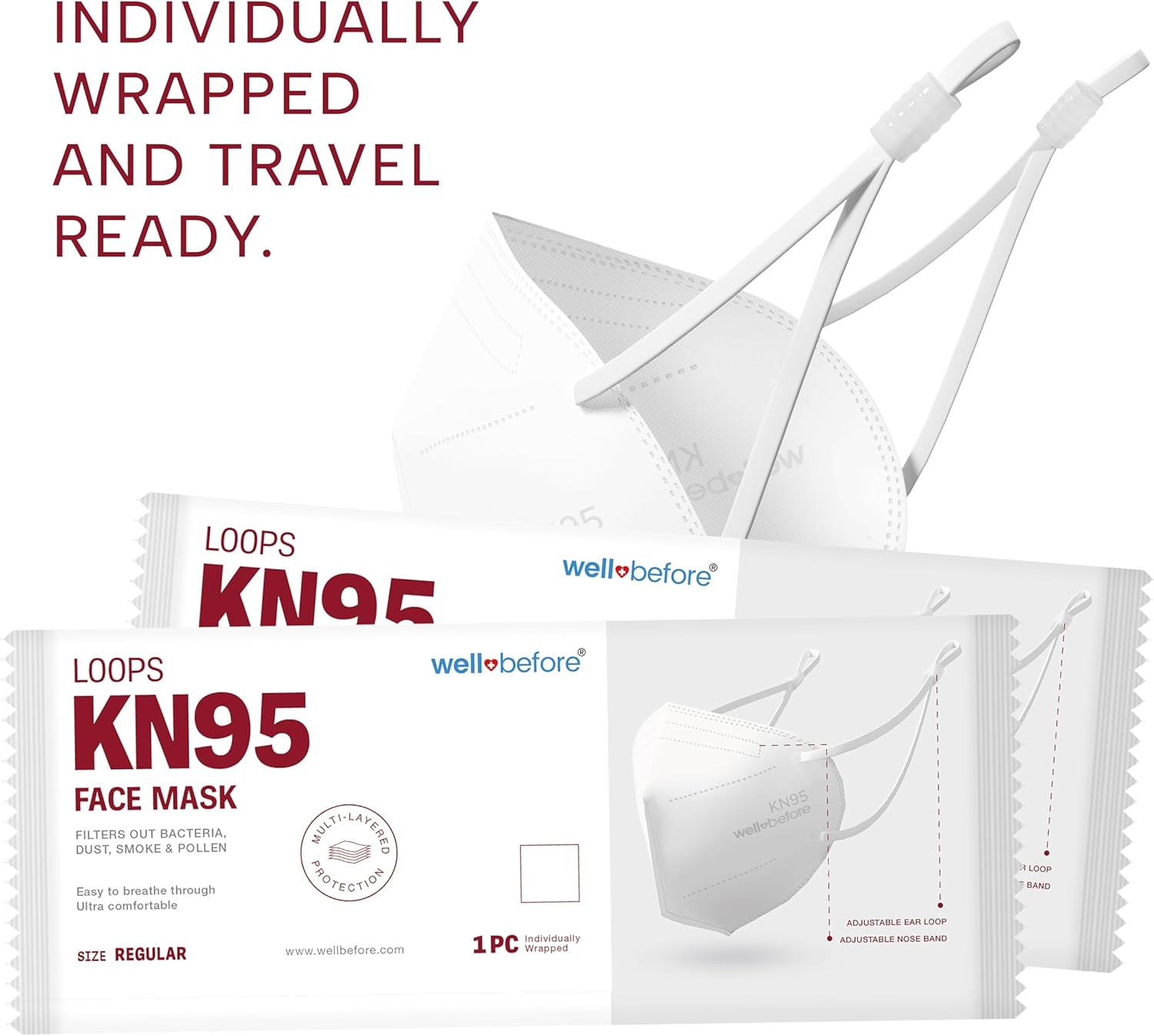Well Before KN95 Disposable Face Mask 10 Pack | Individually Wrapped Mask with Adjustable Ear Loop
