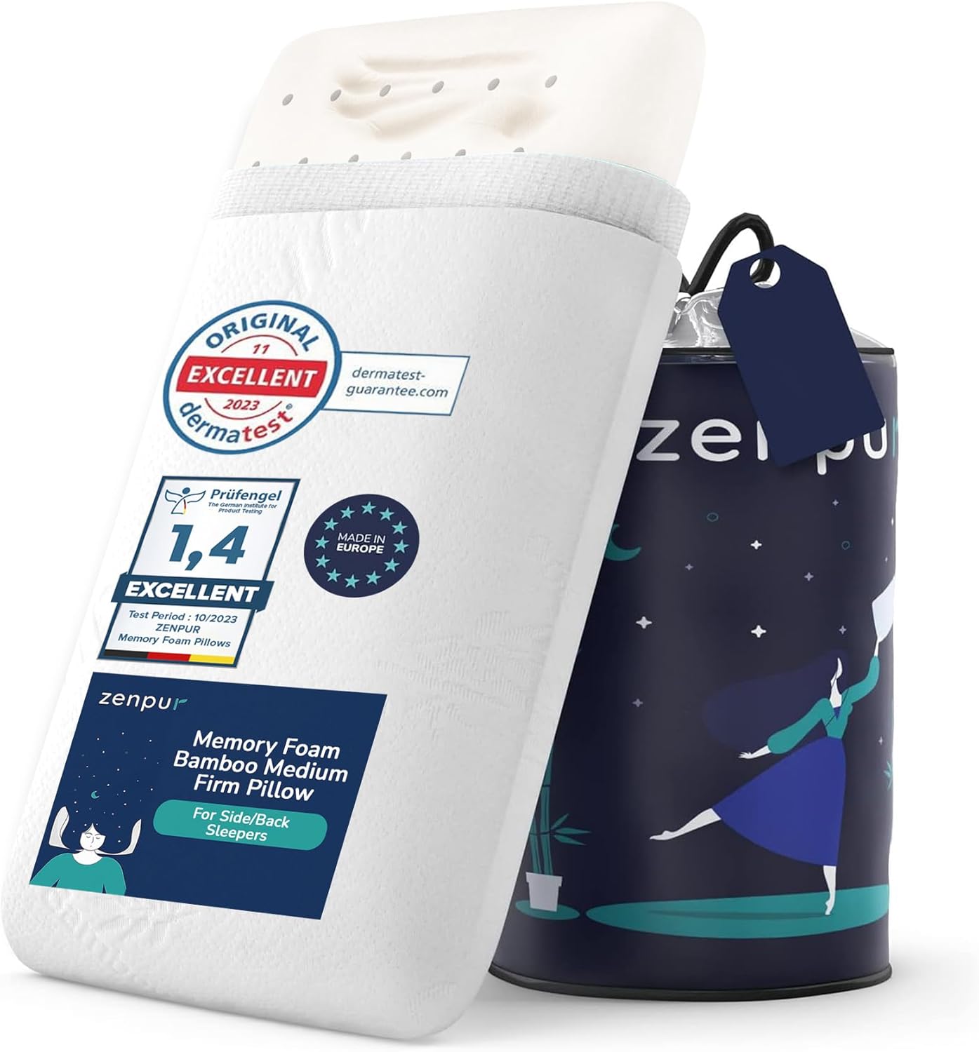 ZenPur Memory Foam Pillow - Orthopedic Pillow for Neck Support Perfect for Side Sleeper - Bed Pillow with Bamboo Cover, Oeko-Tex & CertiPUR-US Certified - 10 Years Warranty