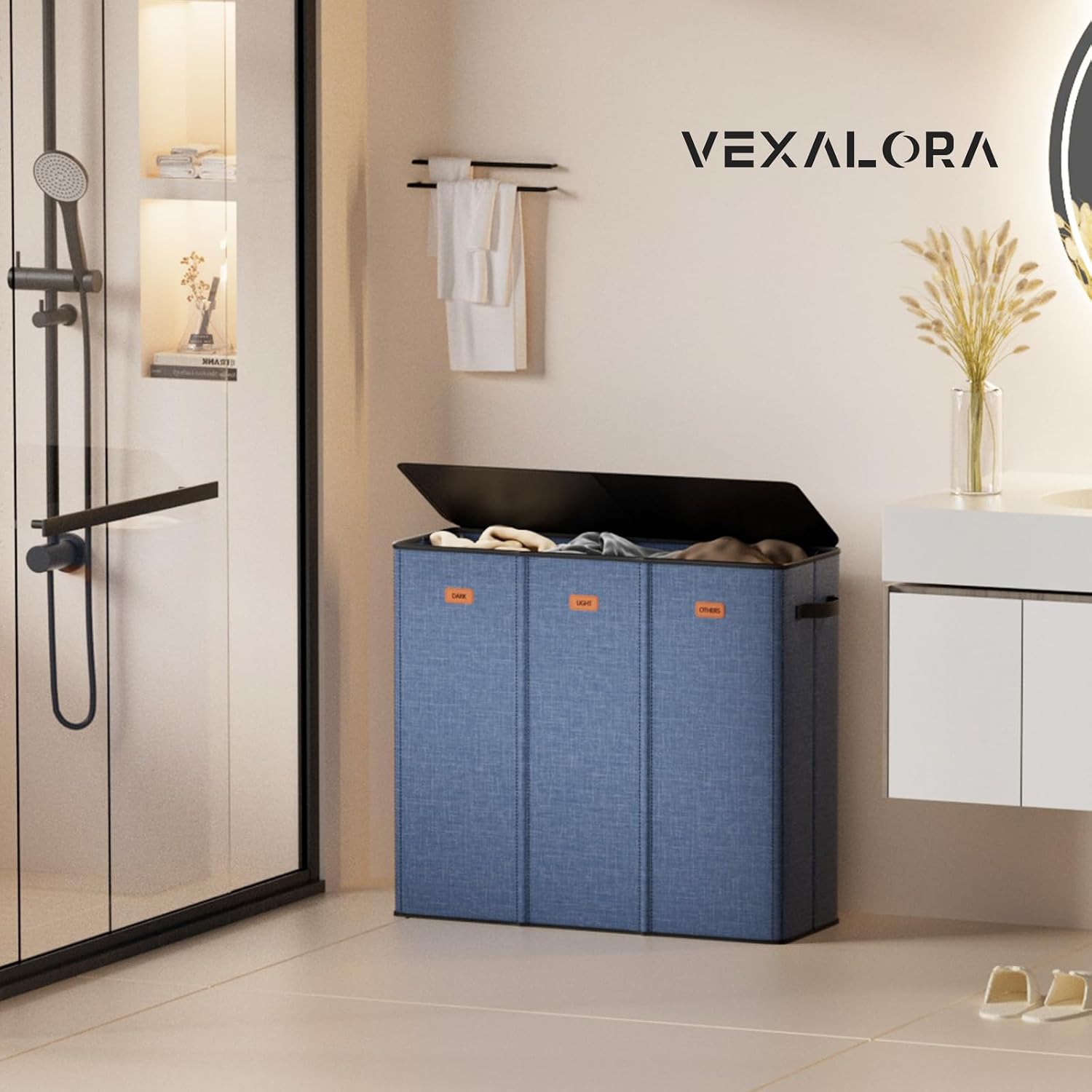 185L Laundry Hamper 3 Section, Laundry Hamper with Lid, Dirty Clothes Hamper with 3 Removable Washing Bags, Extra Large Laundry Basket Organizer for Bedroom, Laundry Room, Dorm - Navy Blue