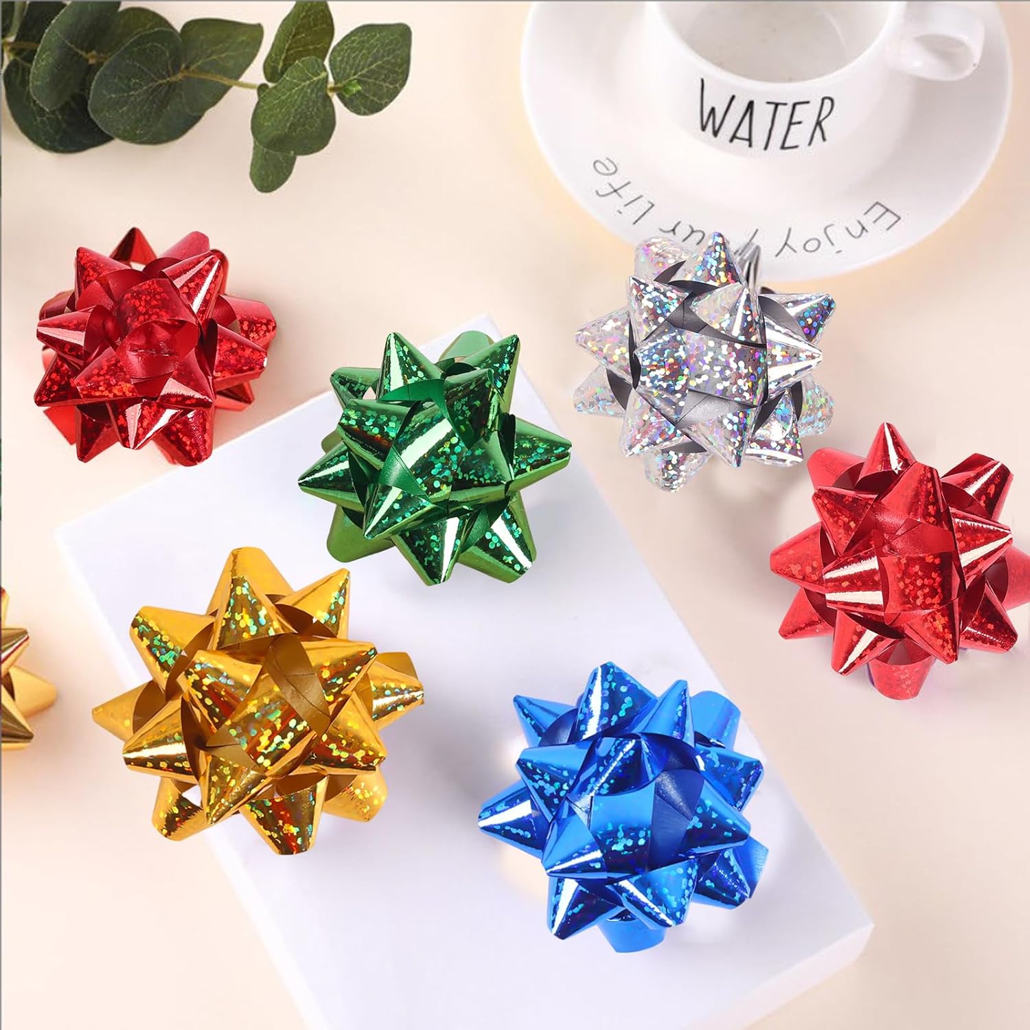 50 Pcs Gift Bows, 5CM Holographic Christmas Bows for Gift Wrapping, Self-Adhesive Decorative Bows Ribbon in 5 Colors (Blue, Gold, Green, Silver, Red) for Present Party Decor